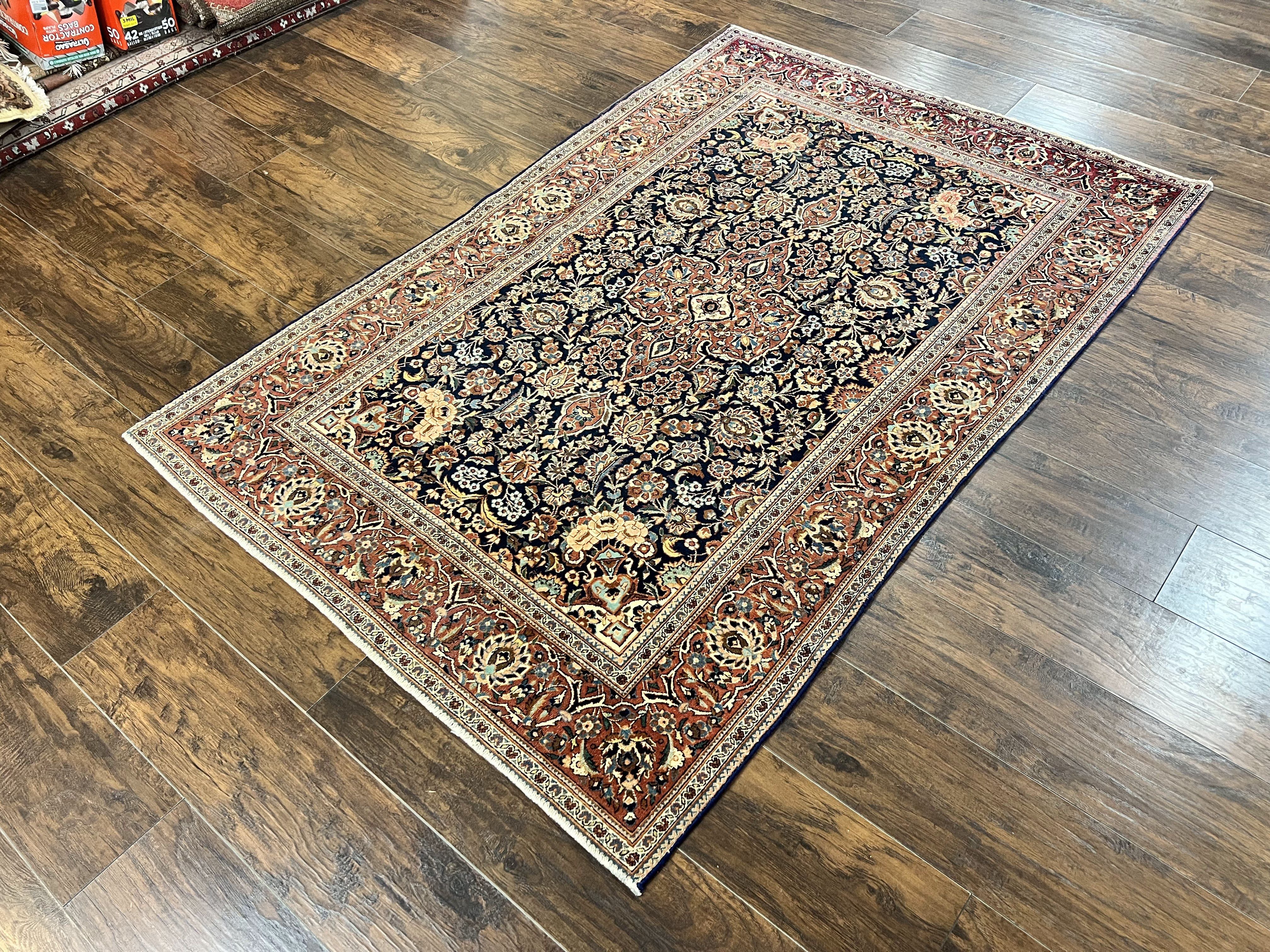 Persian Kashan Rug 4x7, Floral Medallion Vintage Handmade Hand Knotted Navy Blue & Red Wool Oriental Carpet, Highly Detailed Semi Antique Rug - Jewel Rugs