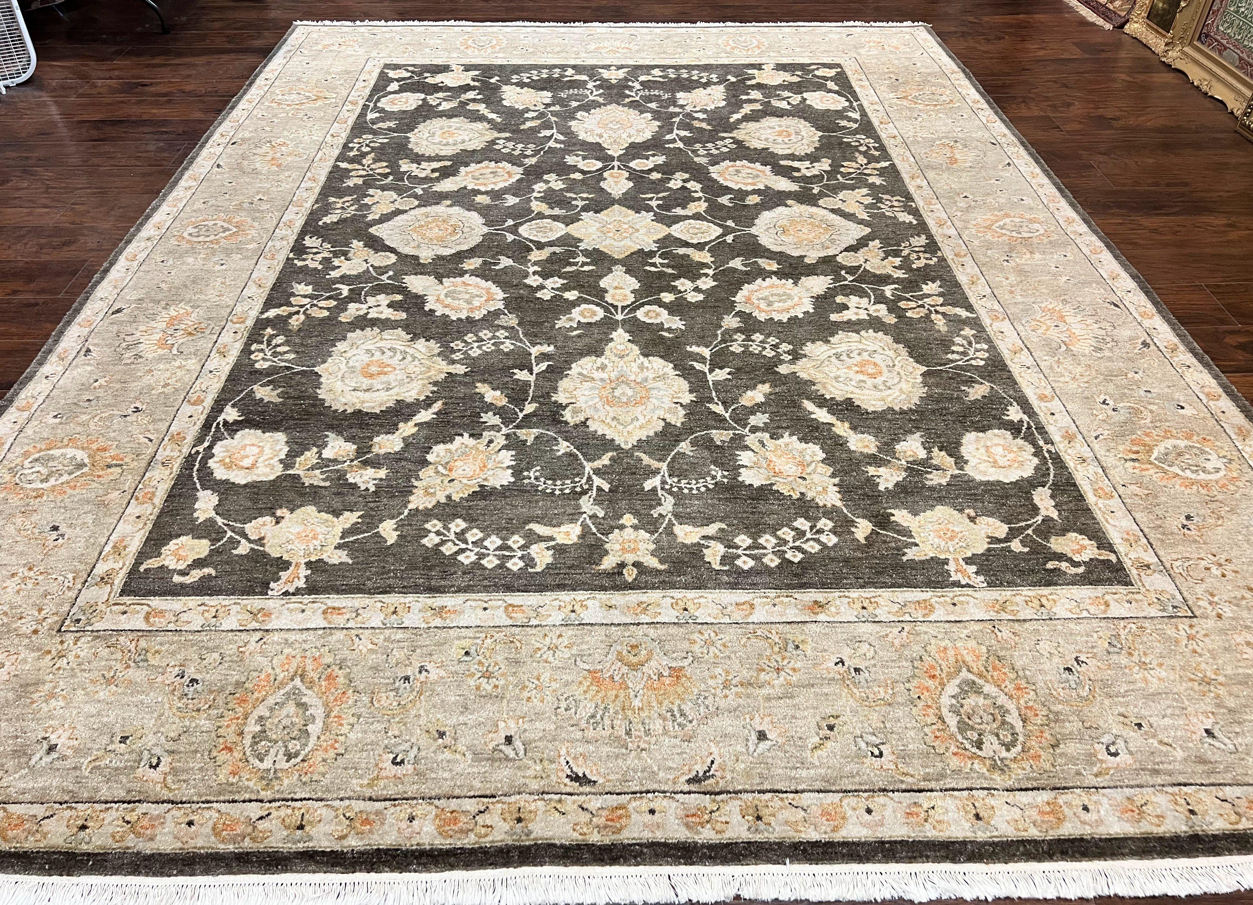 Indo Persian Rug 9x12, Sultanabad Indian Carpet, Dark Brown, Hand Knotted Vintage Wool Rug - Jewel Rugs