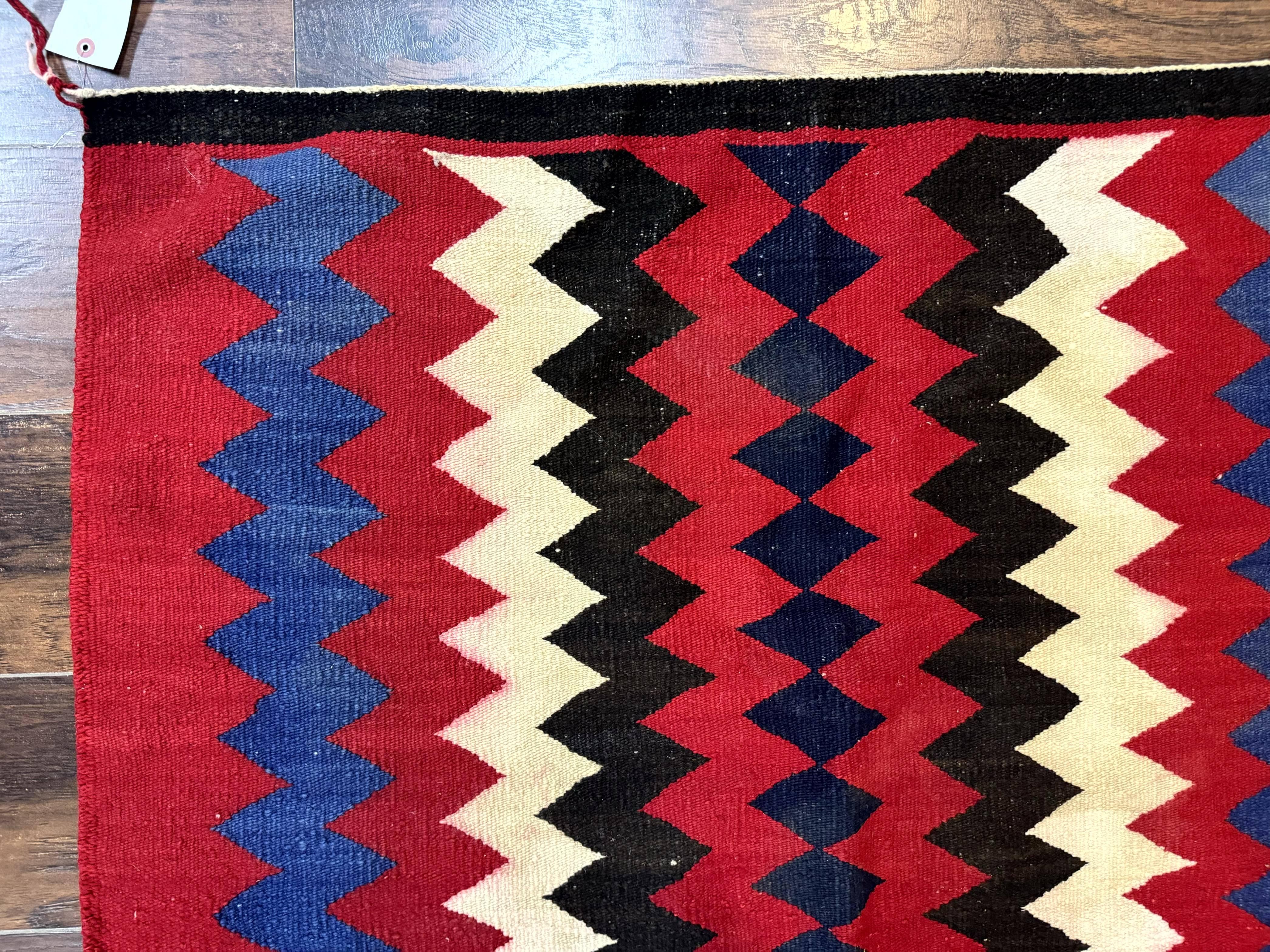 Antique Navajo Rug 3.7 x 2.8, Red Ivory Blue, Zig Zag Pattern, Handmade, Wool - Jewel Rugs