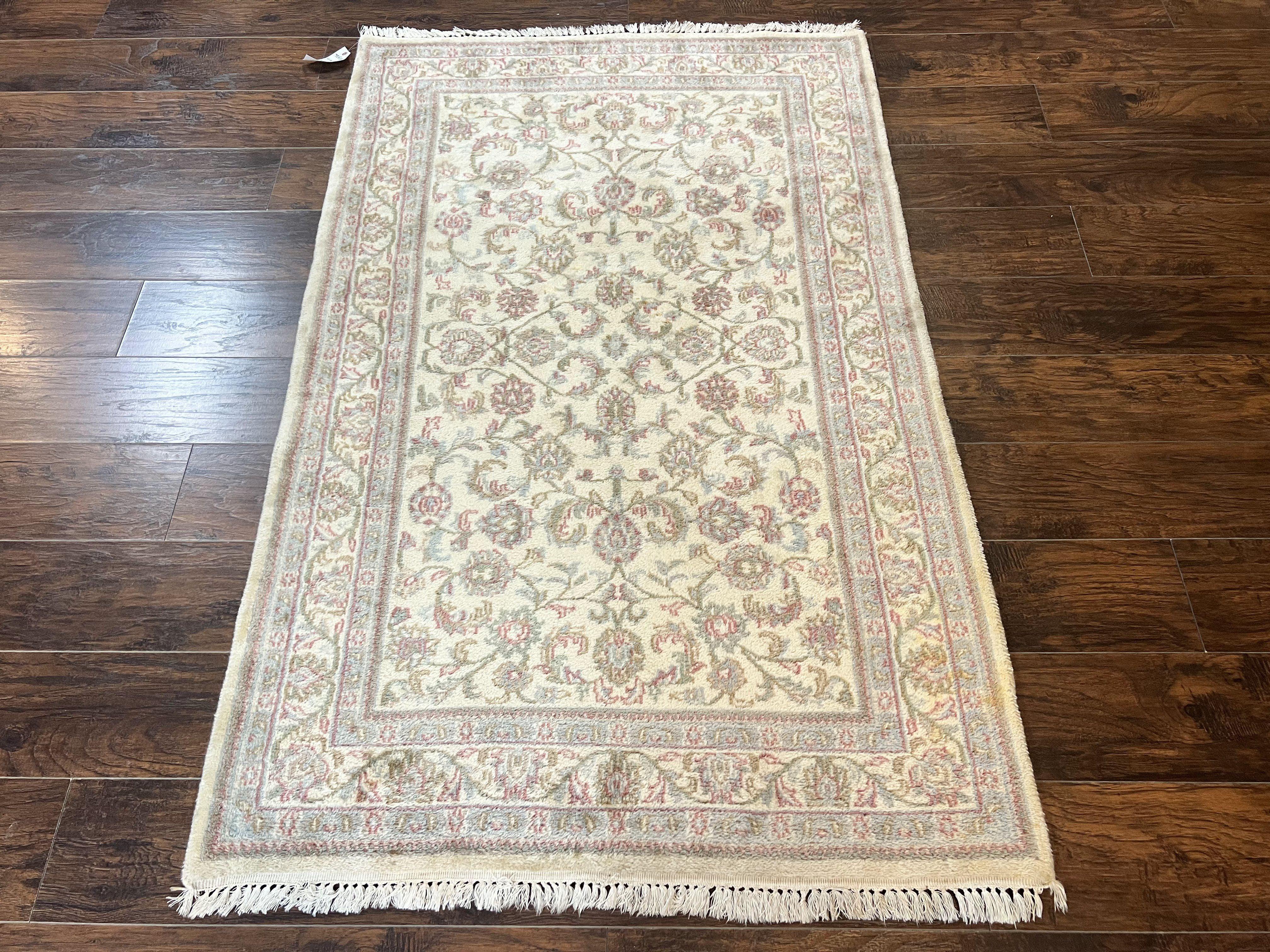 Indo Persian Rug 4x6, Vintage Handmade Wool Carpet, Floral Allover Pattern, Beige, Pair B - Jewel Rugs