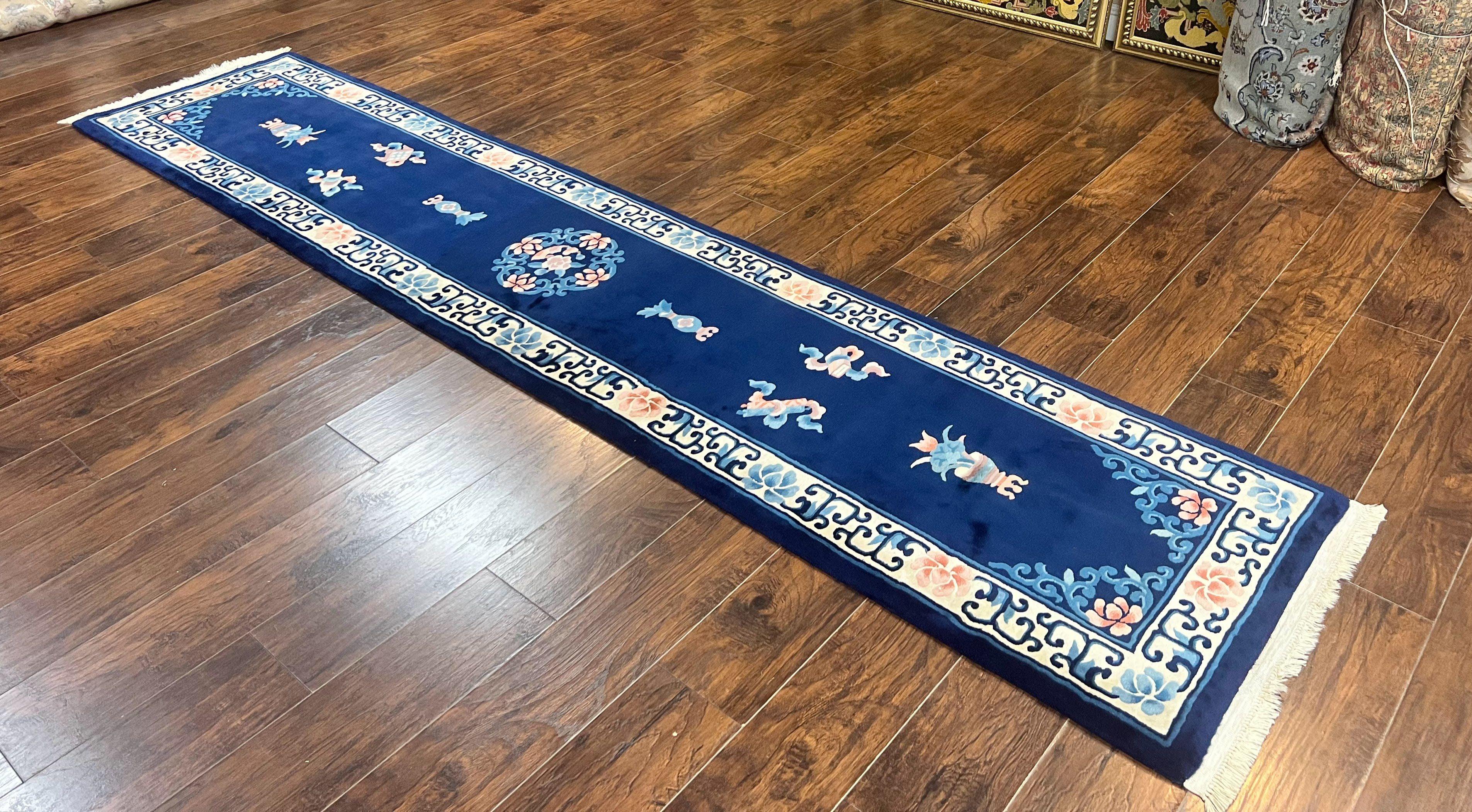 Chinese Wool Runner Rug 2.6 x 12, Blue and Beige, Handmade Vintage Wool Rug for Hallway, 12ft Runner, Asian Oriental Art Deco 90 Line Rug - Jewel Rugs