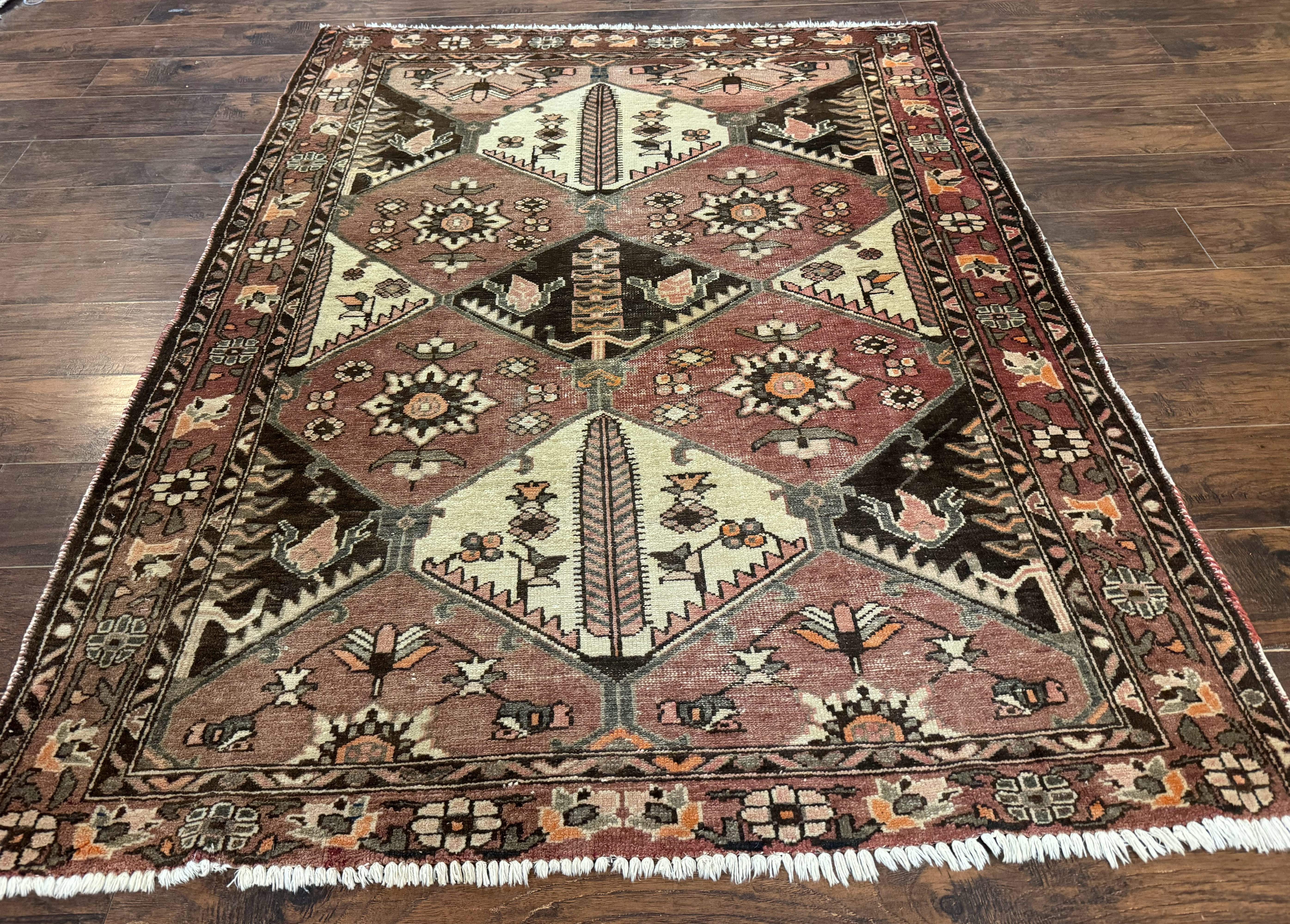 Persian Bakhtiari Rug 5x7 – Muted Rose and Cream, Wool Tribal Carpet, Geometric Panel Design - Jewel Rugs