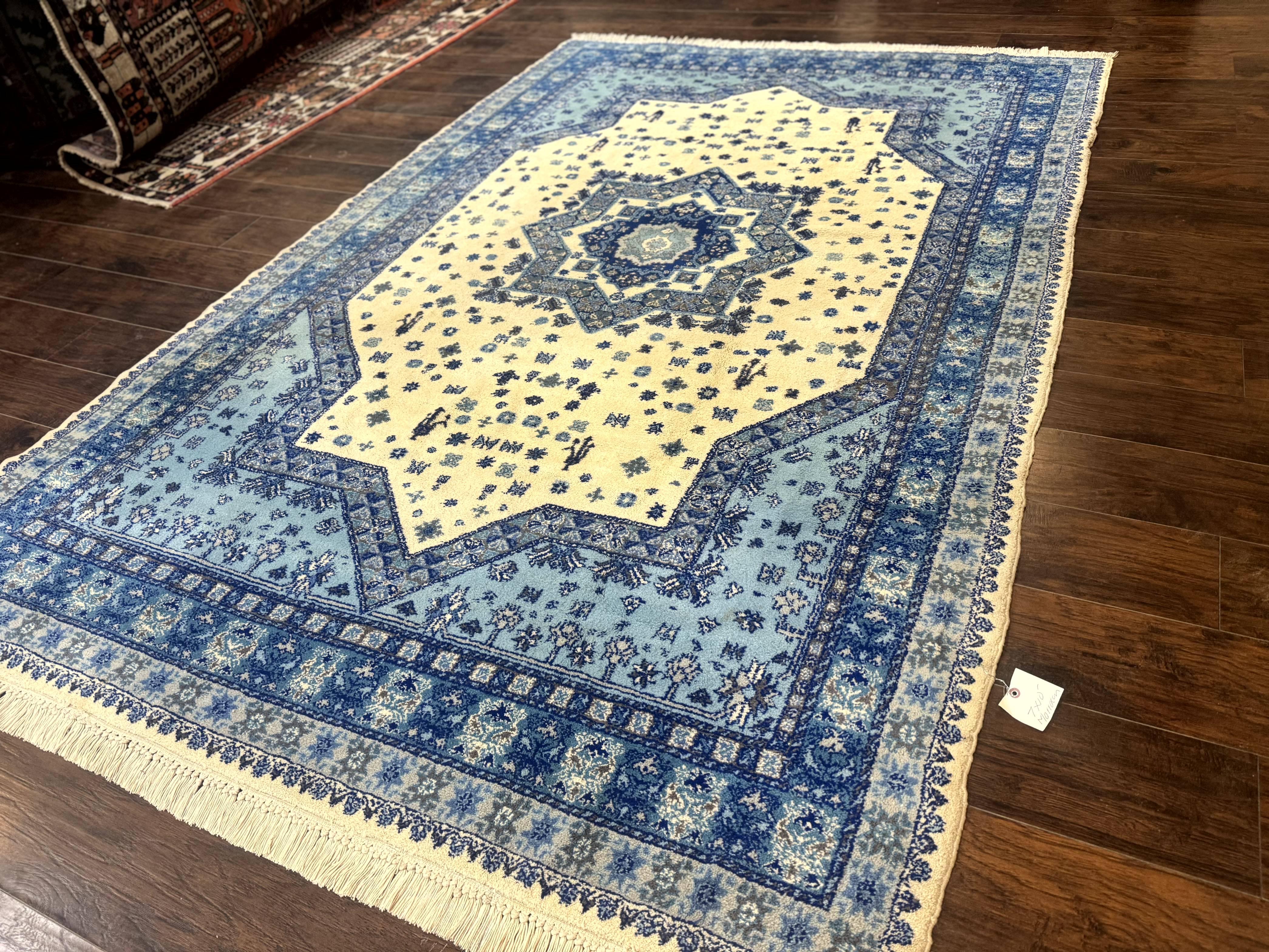 Moroccan Rug 7x10, Geometric Medallion, Blue and Ivory - Jewel Rugs
