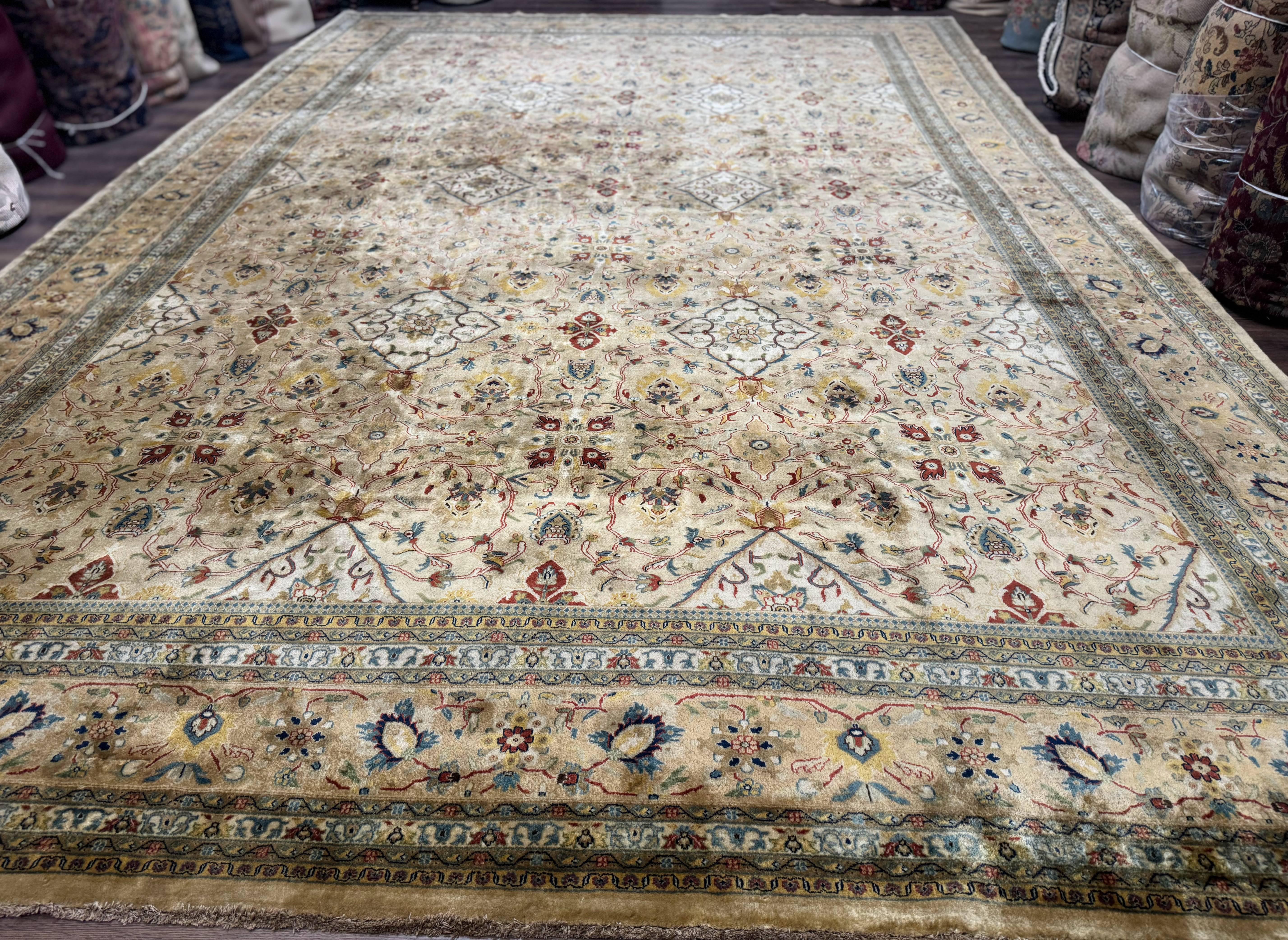 Palace Sized Indo Persian Tabriz Rug 12x18, Tan, Hand Knotted Handmade Oversized Wool Area Rug, Allover Pattern, Fine 225 KPSI - Jewel Rugs