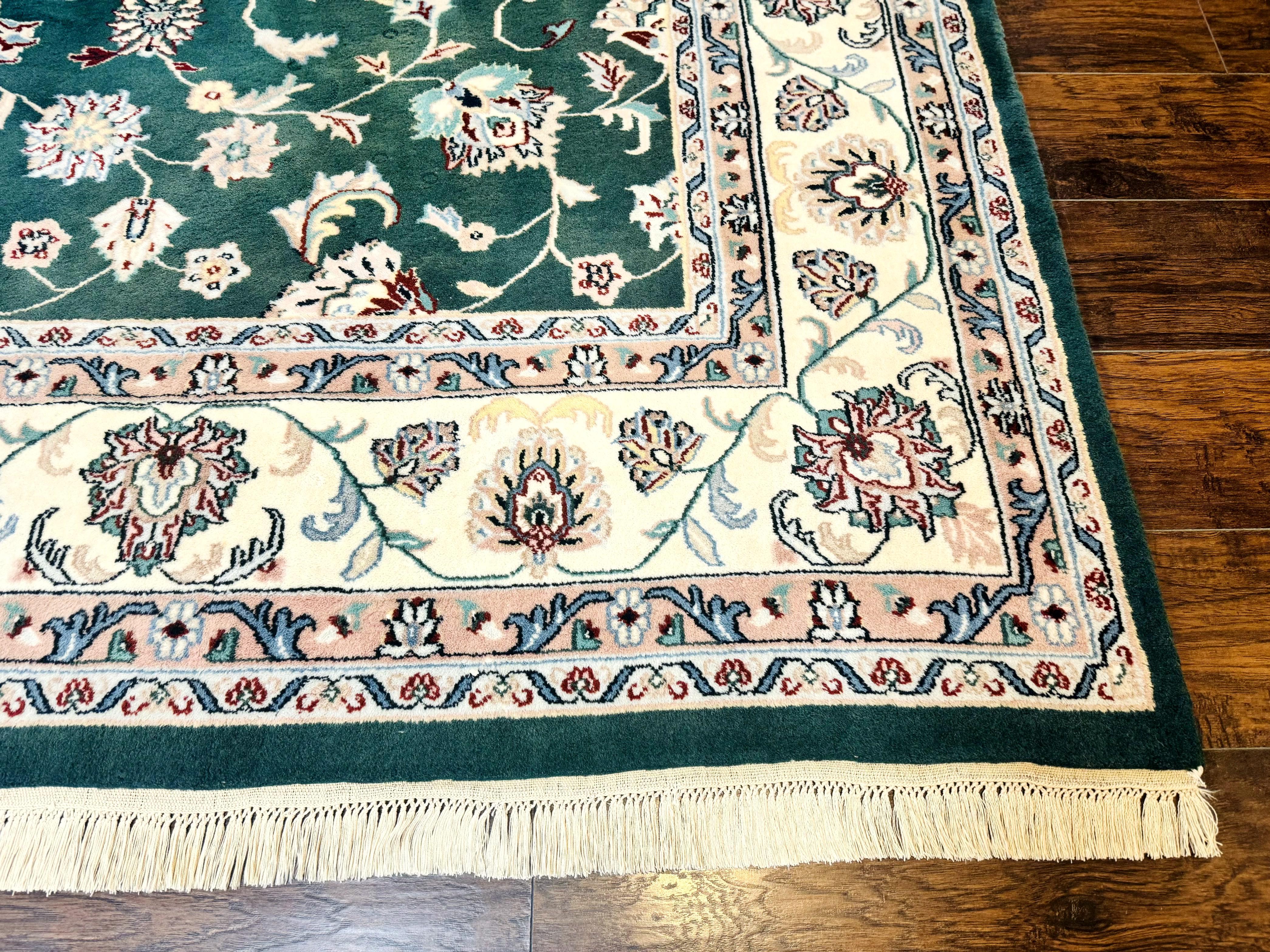 Indo Persian Rug 8x10, Dark Green and Ivory, Floral, Handmade Vintage Wool Carpet - Jewel Rugs
