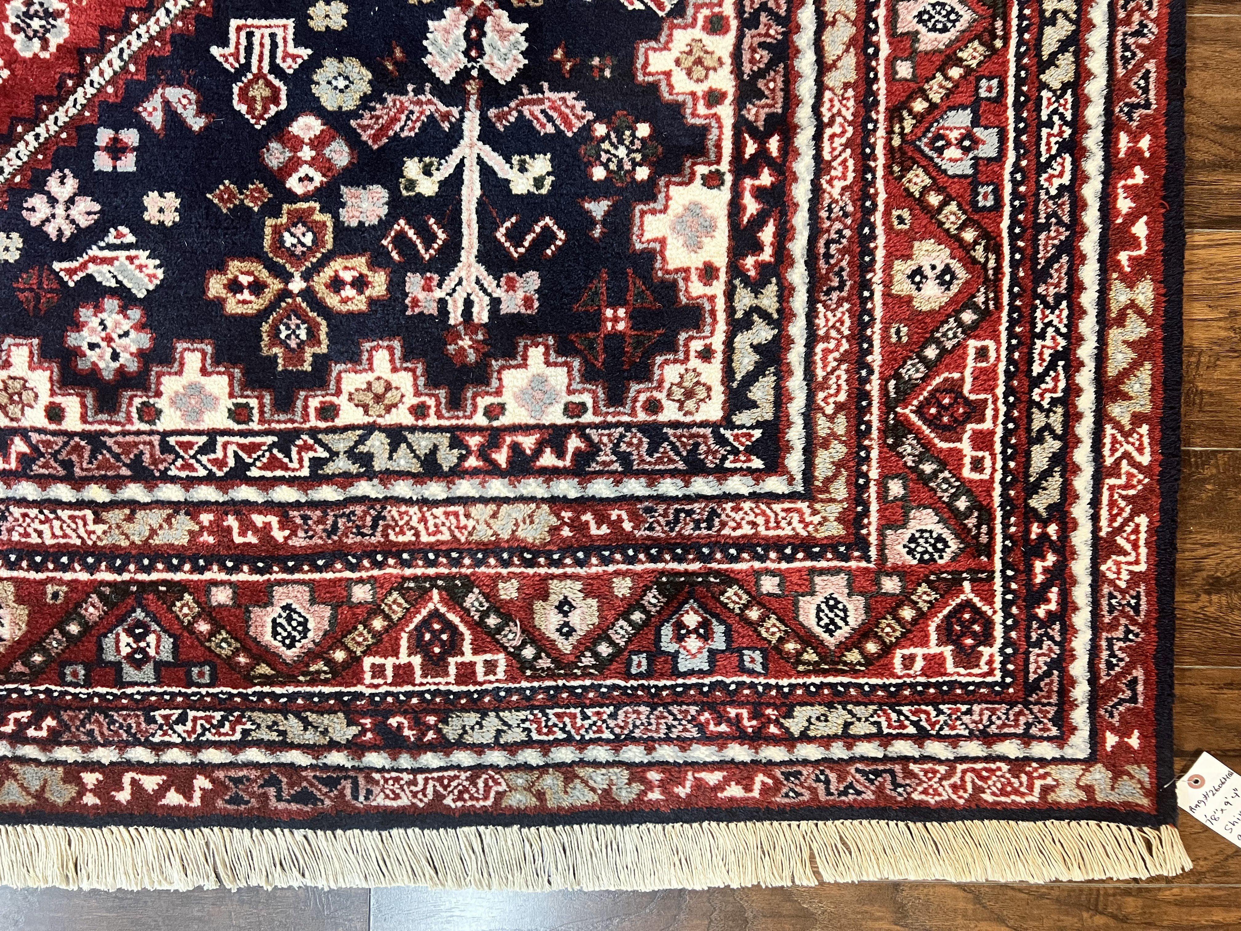 Persian Shiraz Tribal Rug 8x9, Geometric Medallions, Navy Blue and Red, Hand Knotted Handmade Semi Antique Wool Carpet - Jewel Rugs