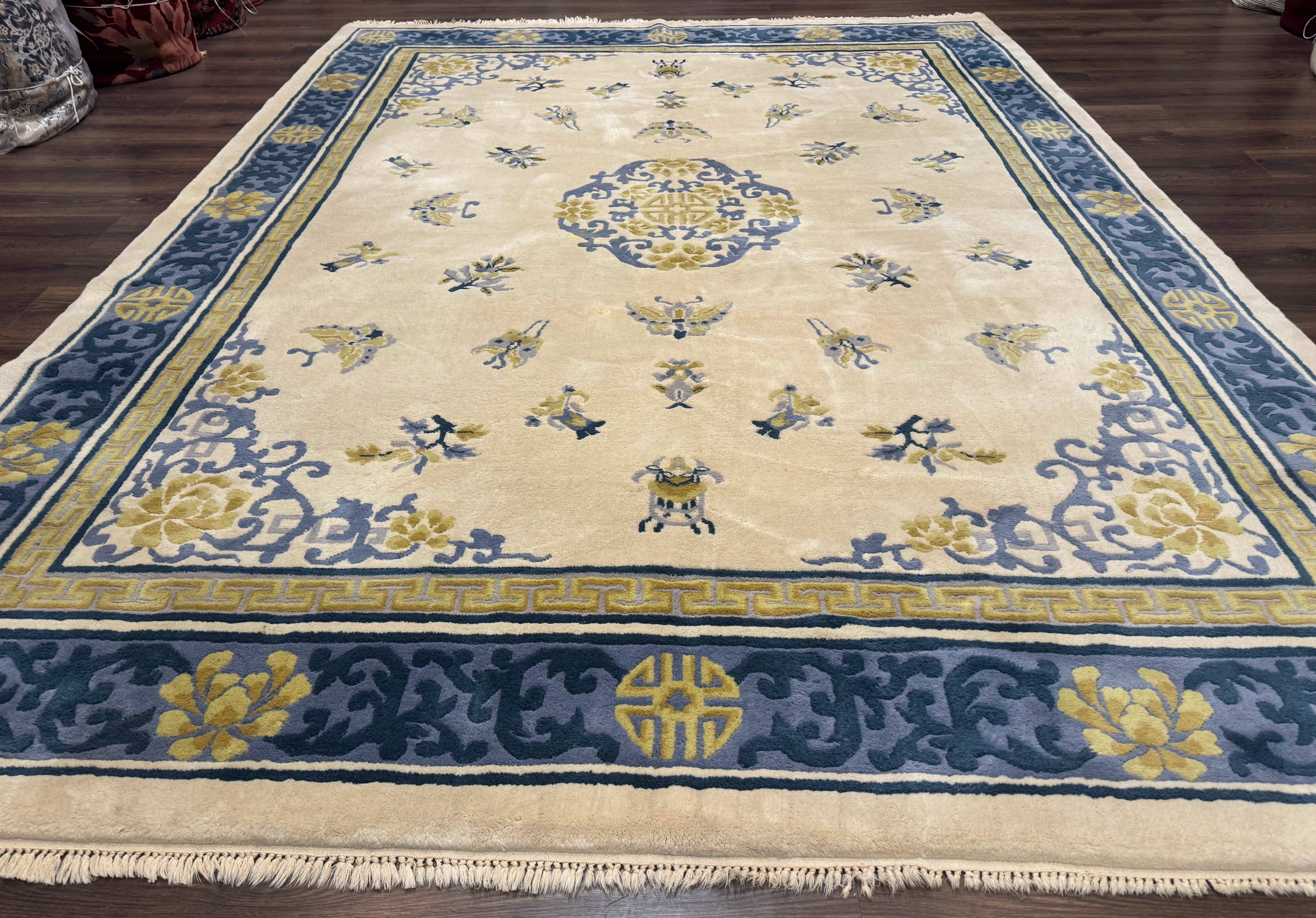 Indo Chinese Wool Rug 9x12 Beige Blue Butterflies Flowers - Jewel Rugs