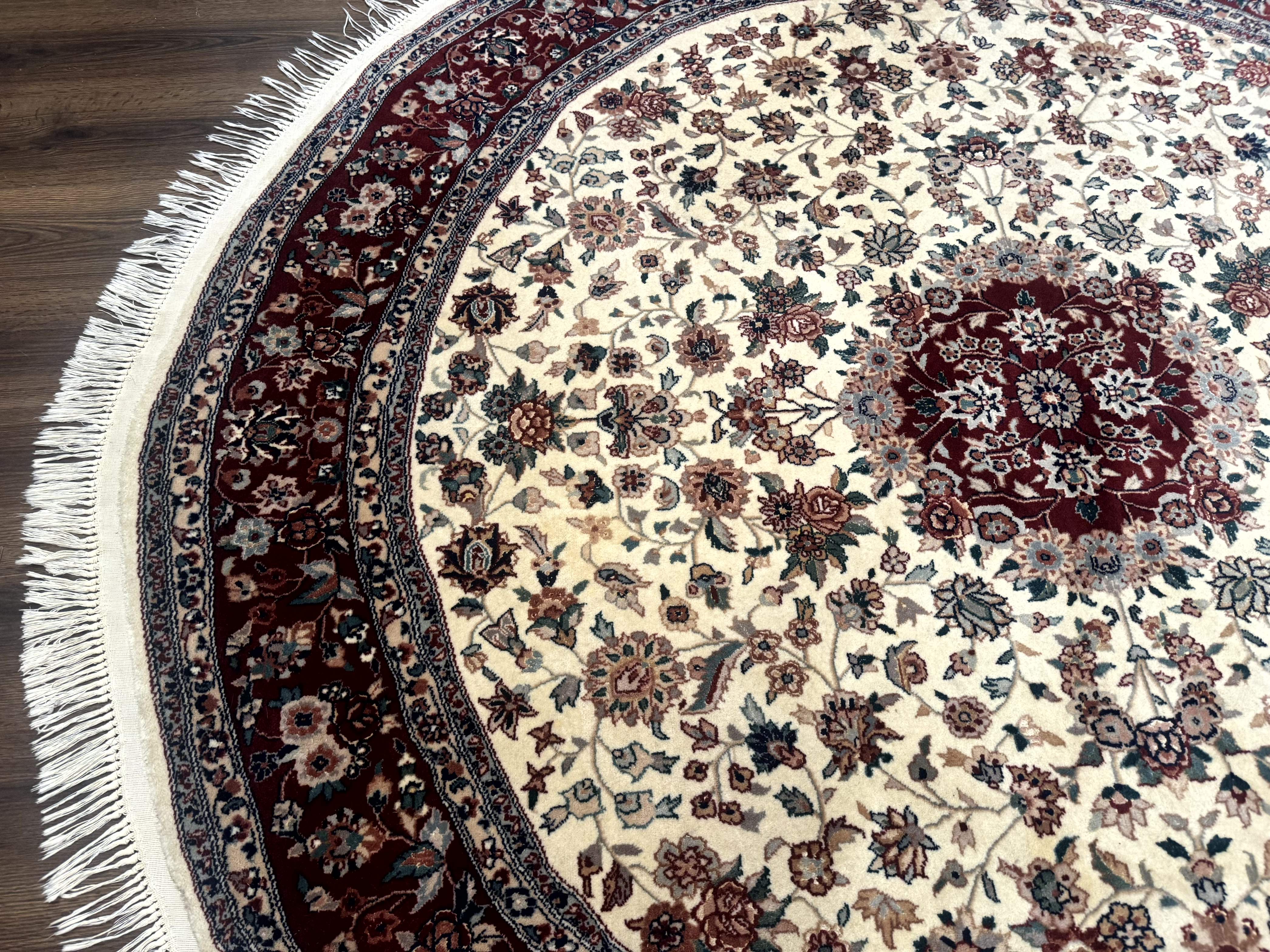 Round Sino Persian Rug 8x8, Wool and Silk, Floral Medallion, Ivory Dark Red - Jewel Rugs