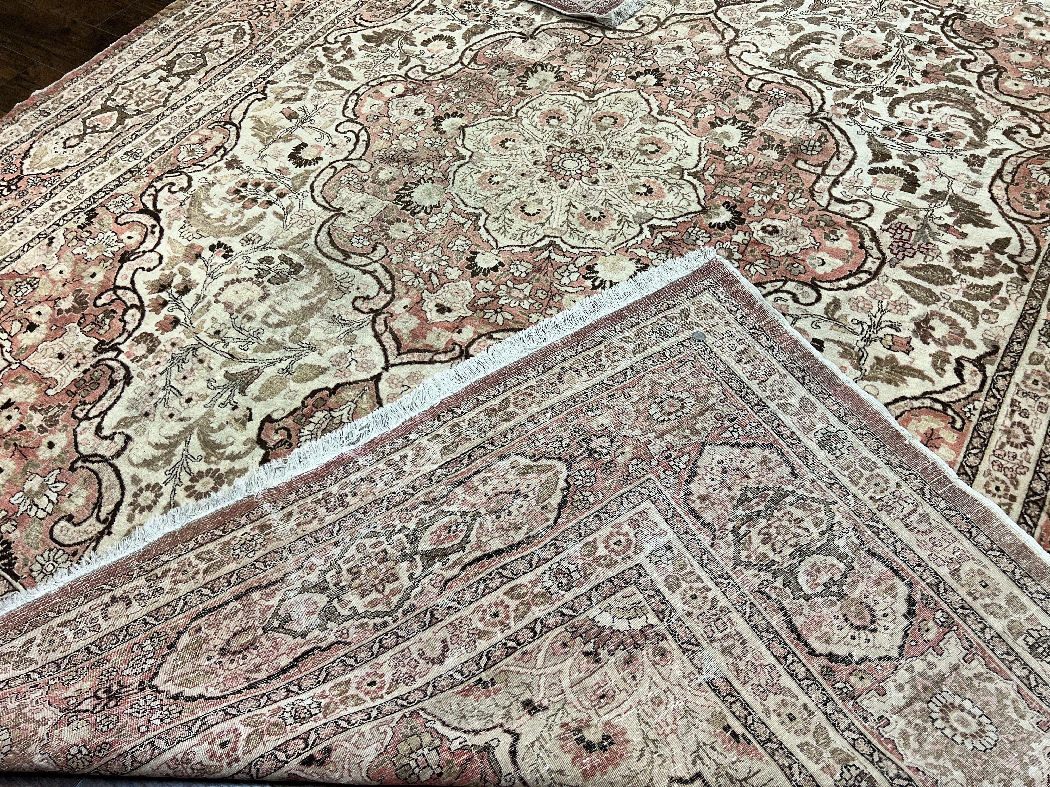 Antique Persian Tabriz Rug 10x12, Wool Hand Knotted Oriental Carpet, Beige Light Red, Floral Medallion - Jewel Rugs