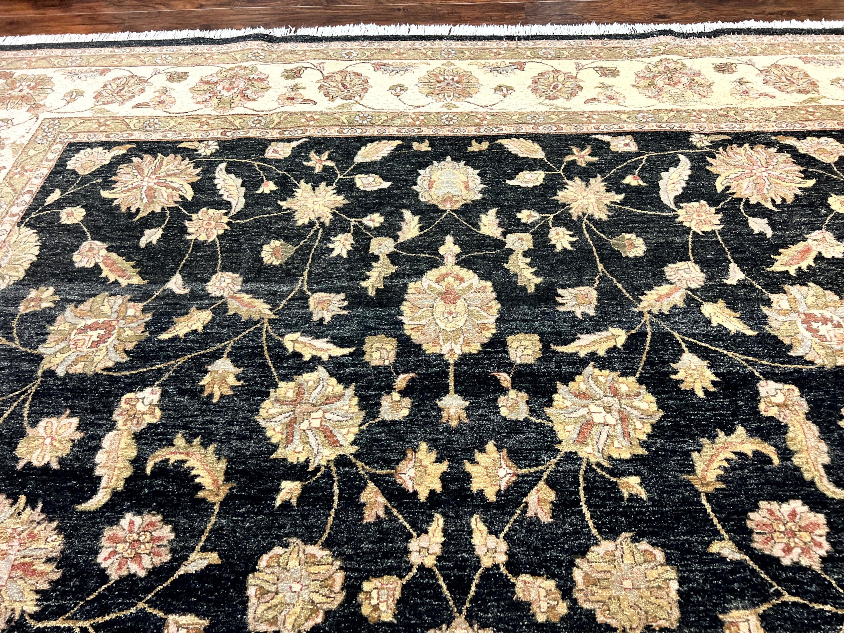 Indo Persian Rug 10x14, Charcoal and Beige, Floral Allover, Handmade Vintage Wool Carpet - Jewel Rugs