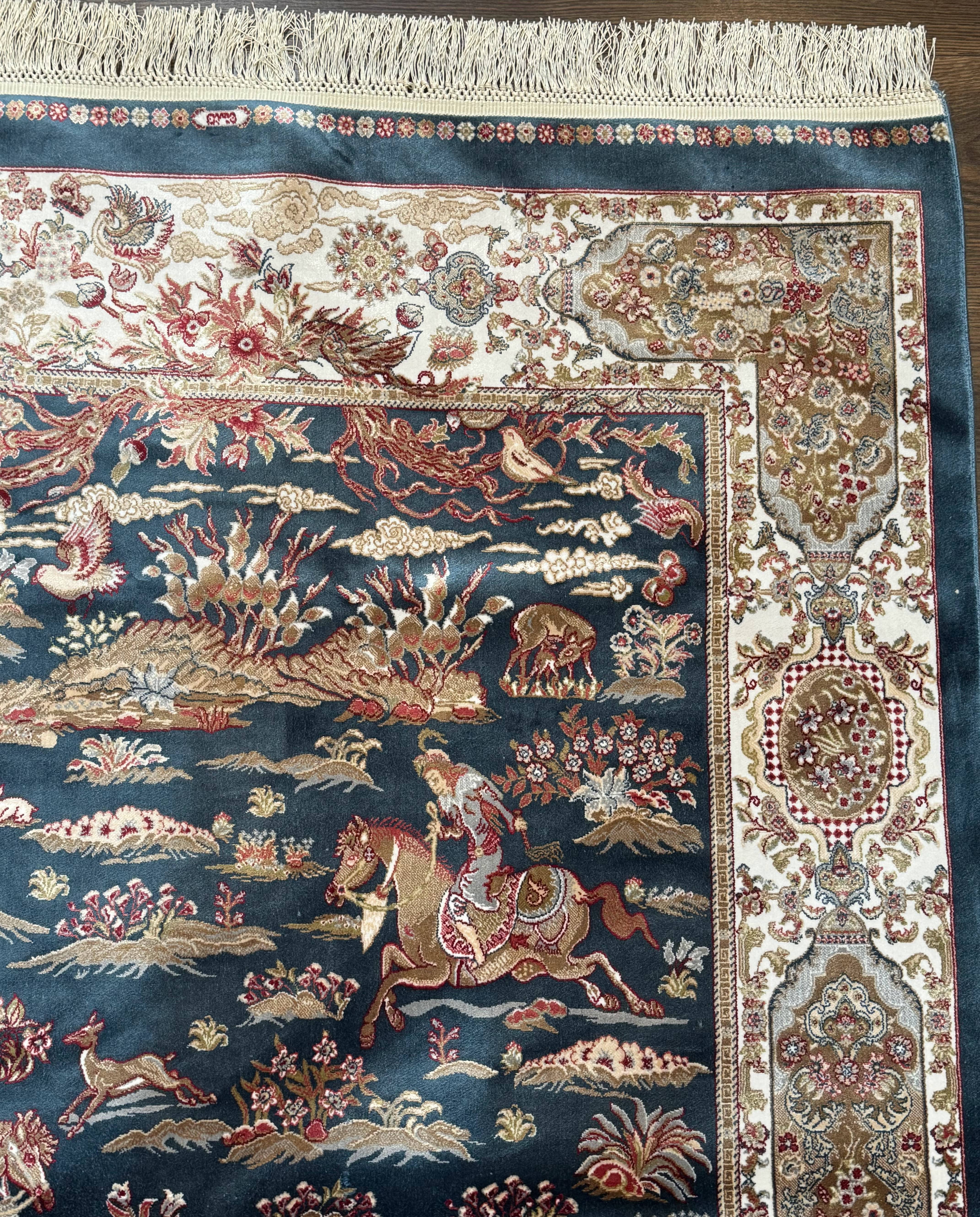 Turkish Silk Hunting Design Rug 4x6, Dark Steel Blue & Ivory, Bamboo Silk, New - Jewel Rugs