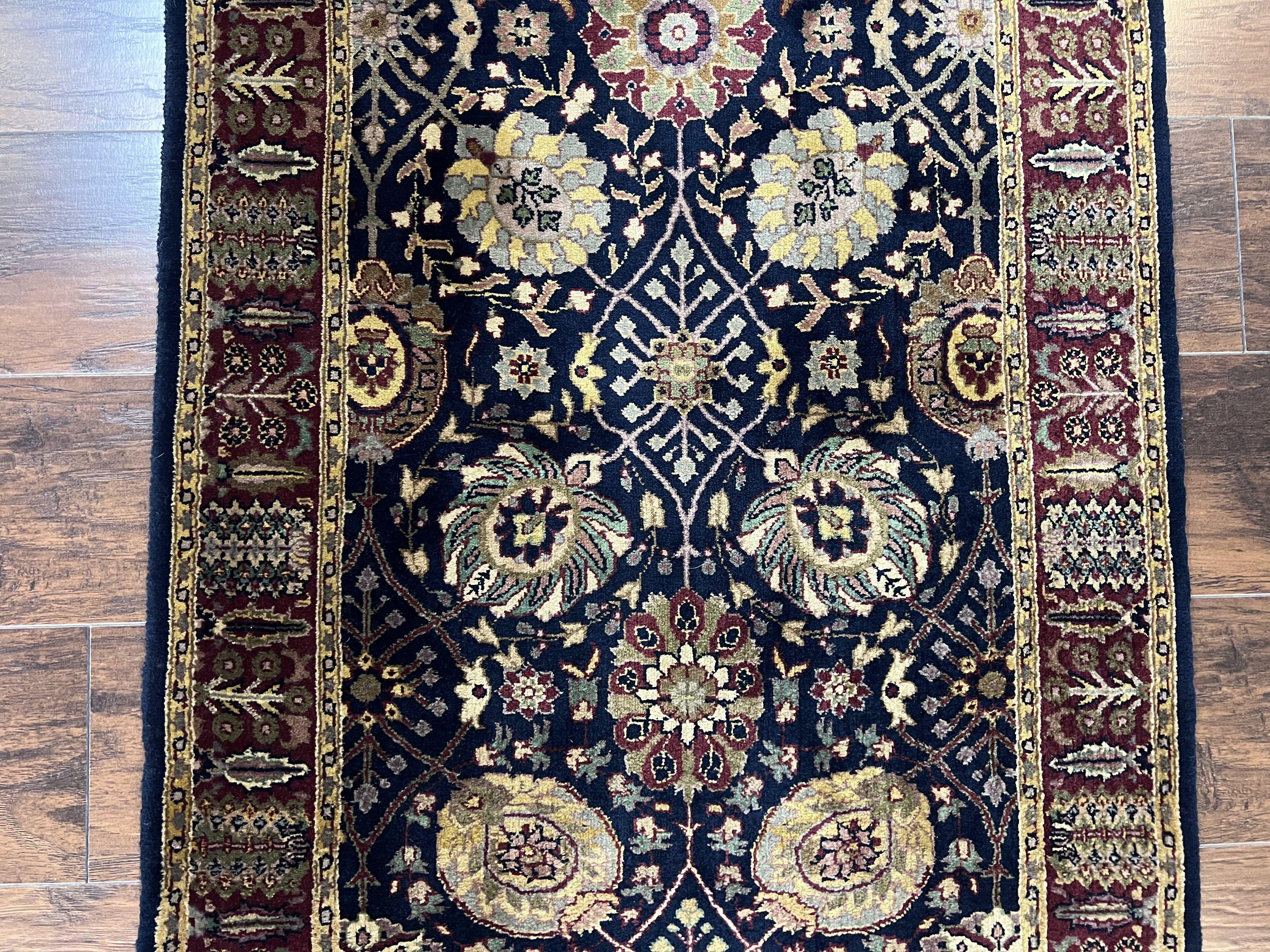 Indo Persian Runner 2.8 x 18, Long Skinny Hallway Wool Runner Rug, Hand Knotted Vintage Floral Allover Traditional Runner Dark Blue Burgundy - Jewel Rugs