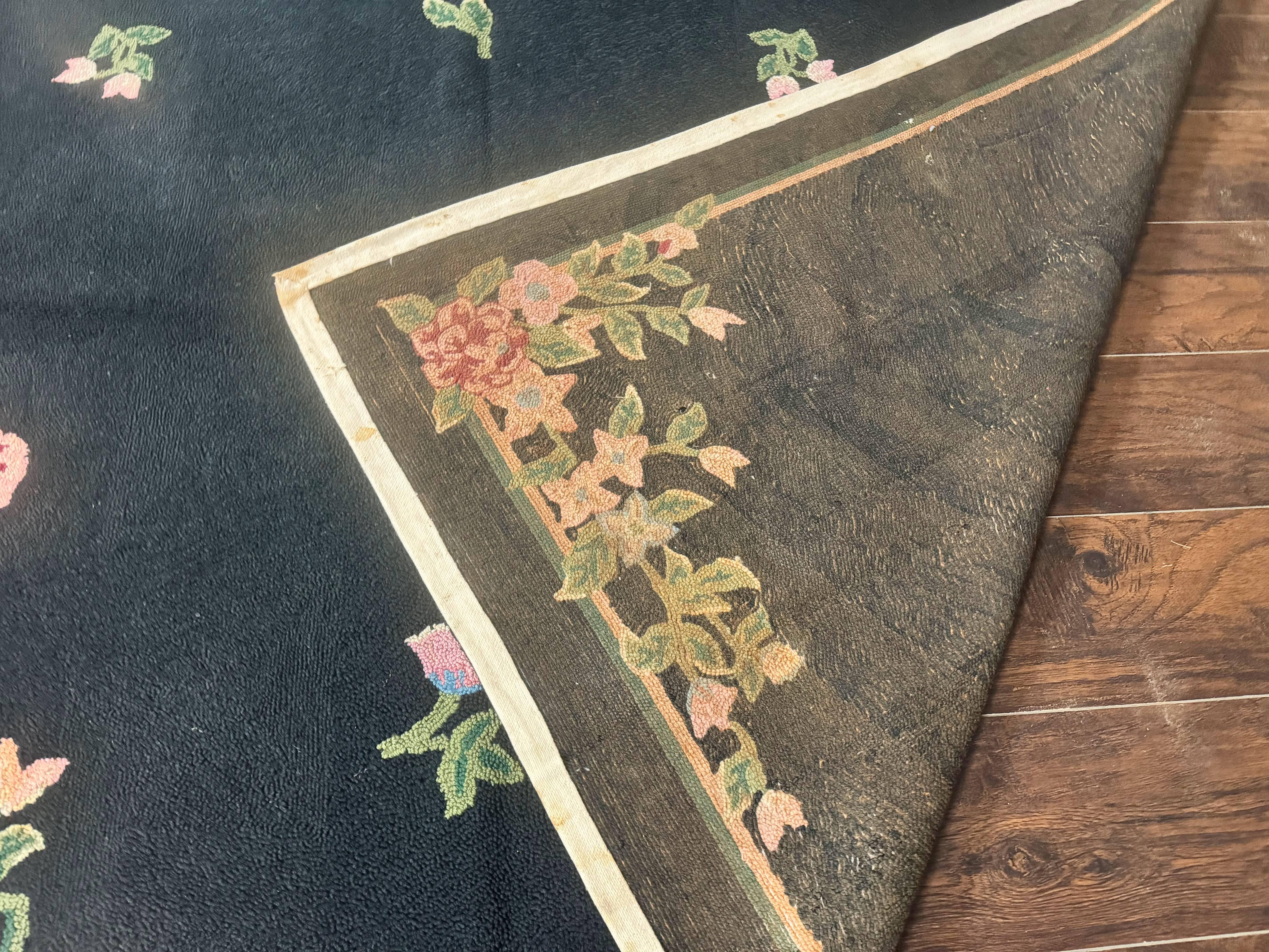 Vintage Hand Hooked Rug 8x11, Black, Handmade Floral Carpet - Jewel Rugs