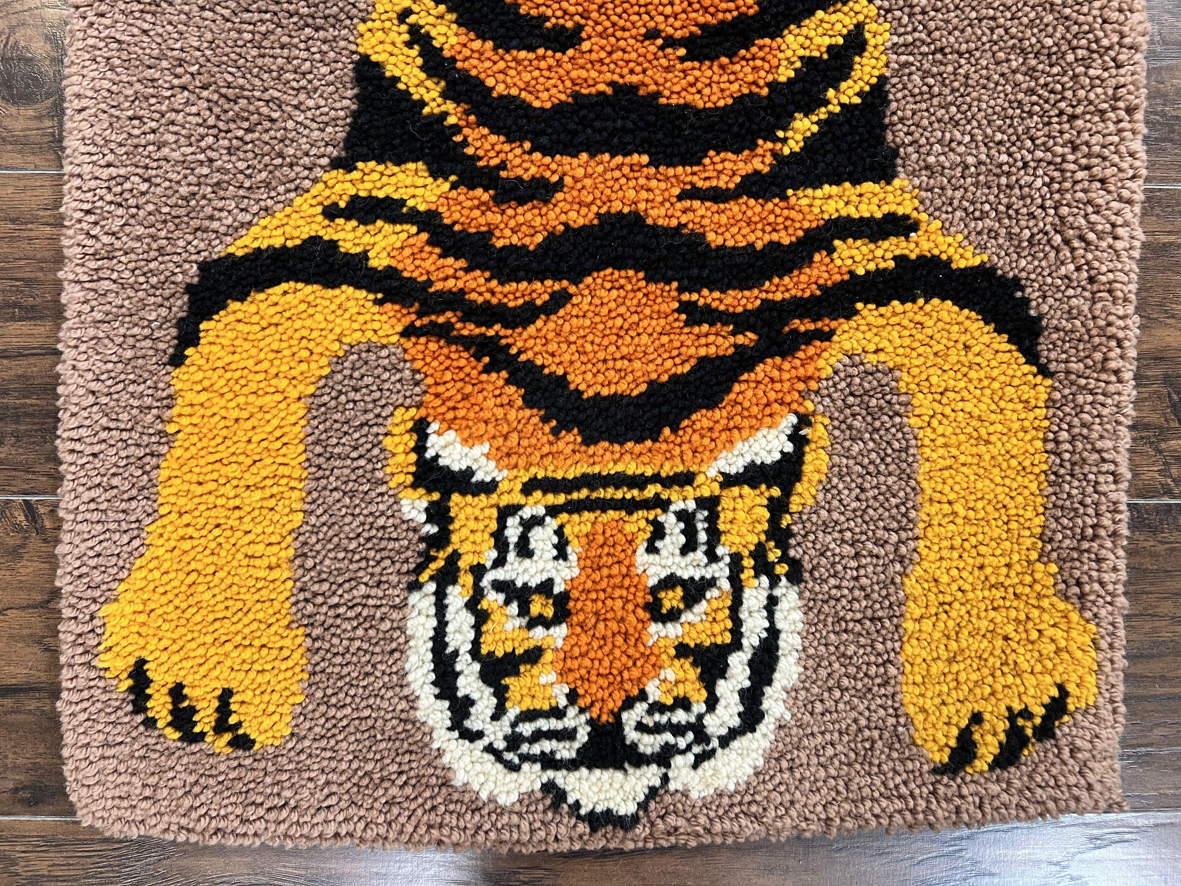 Small Hooked Rug 2x3, Tibetan Tiger Design, Wool, Unique Hooked Rug, Vintage - Jewel Rugs