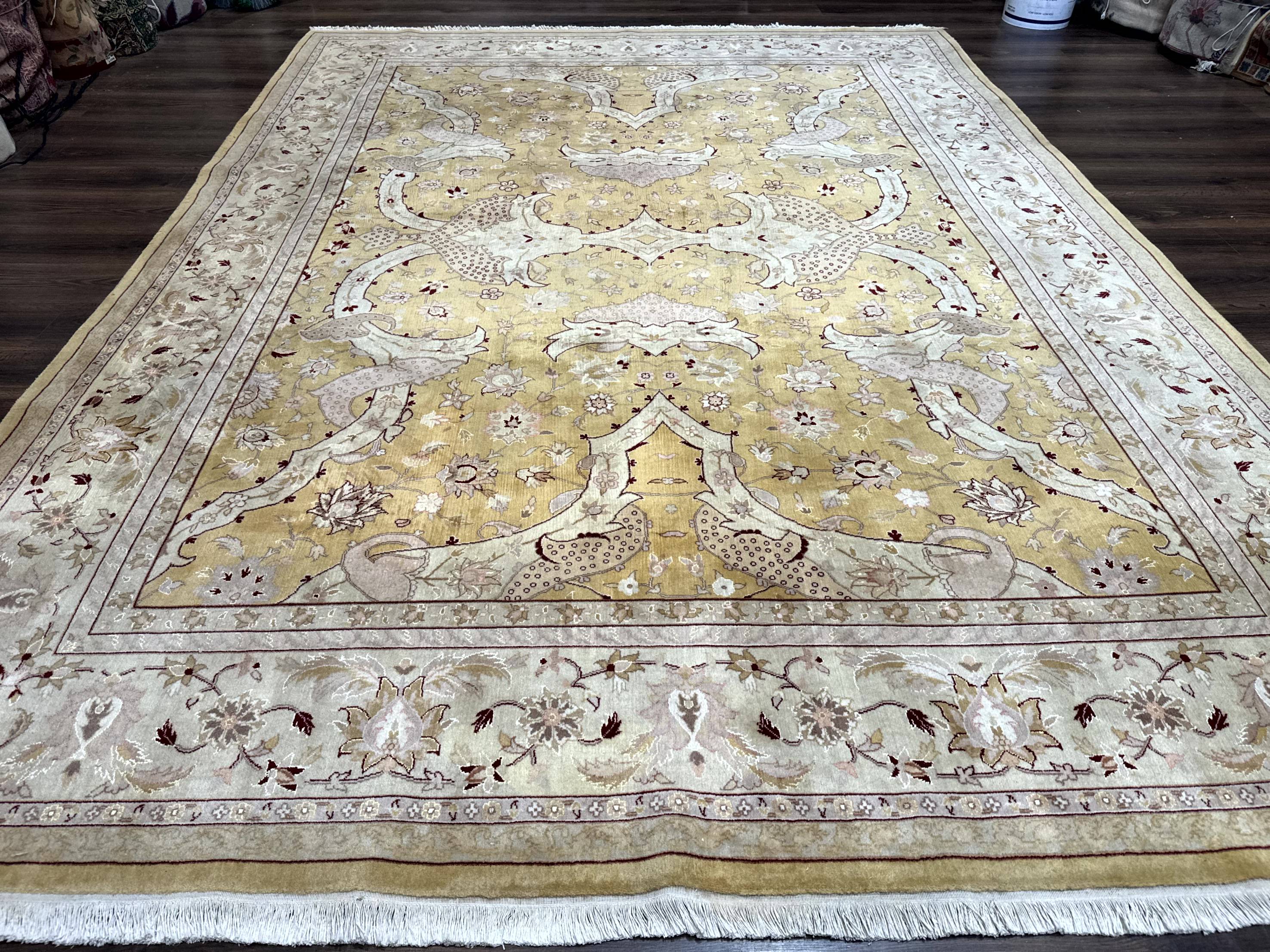 Sino Persian Rug 8x11, Wool with Silk Highlights, Unique Colors, Gold and Light Green, Fine 240 KPSI - Jewel Rugs