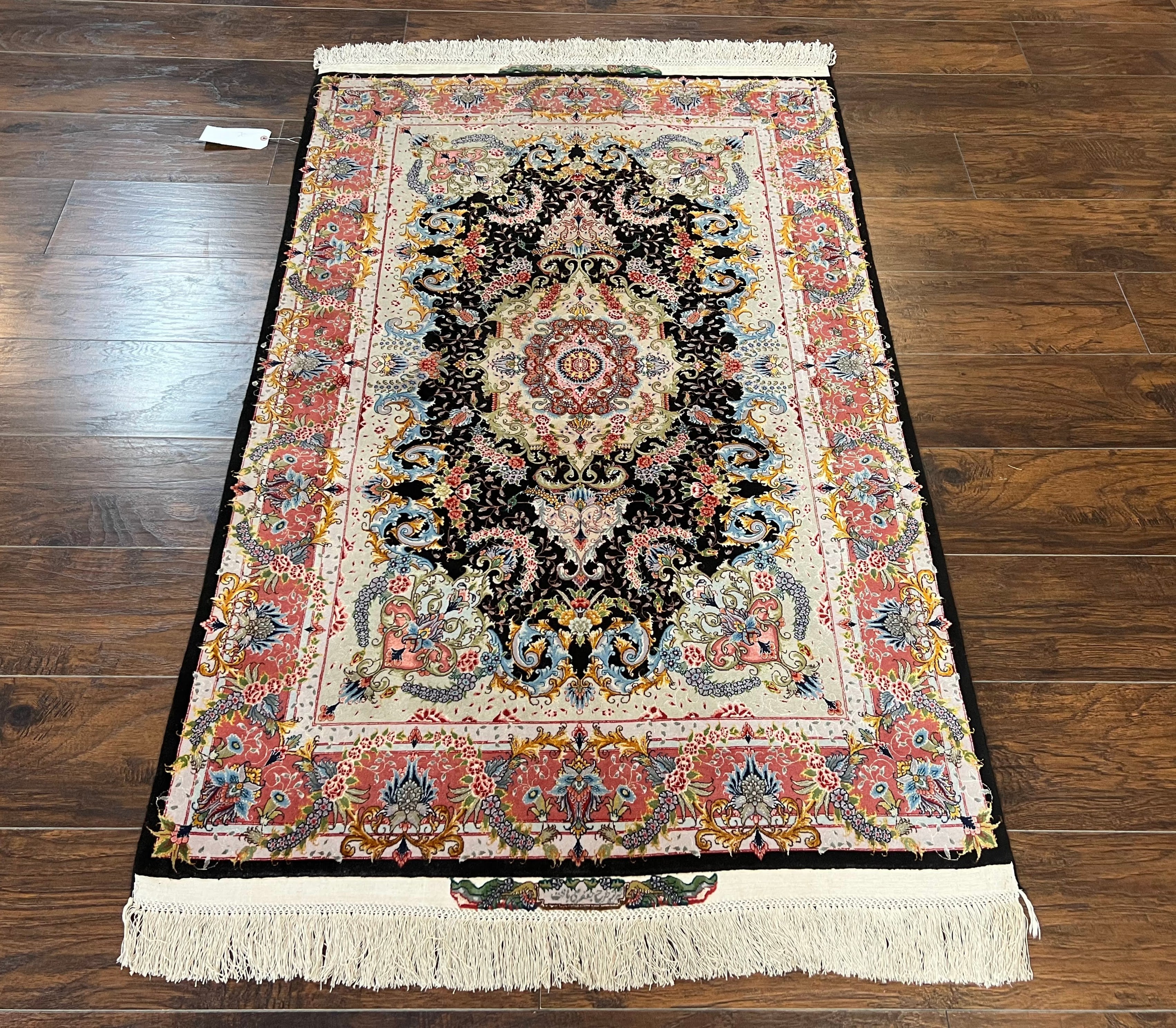 Stunning Persian Tabriz Rug 3.5 x 5, Super Fine, Kork Wool on Silk, Floral Medallion, 70 Raj, 650 KPSI, Signed Master Piece, Hand Knotted, Black - Jewel Rugs