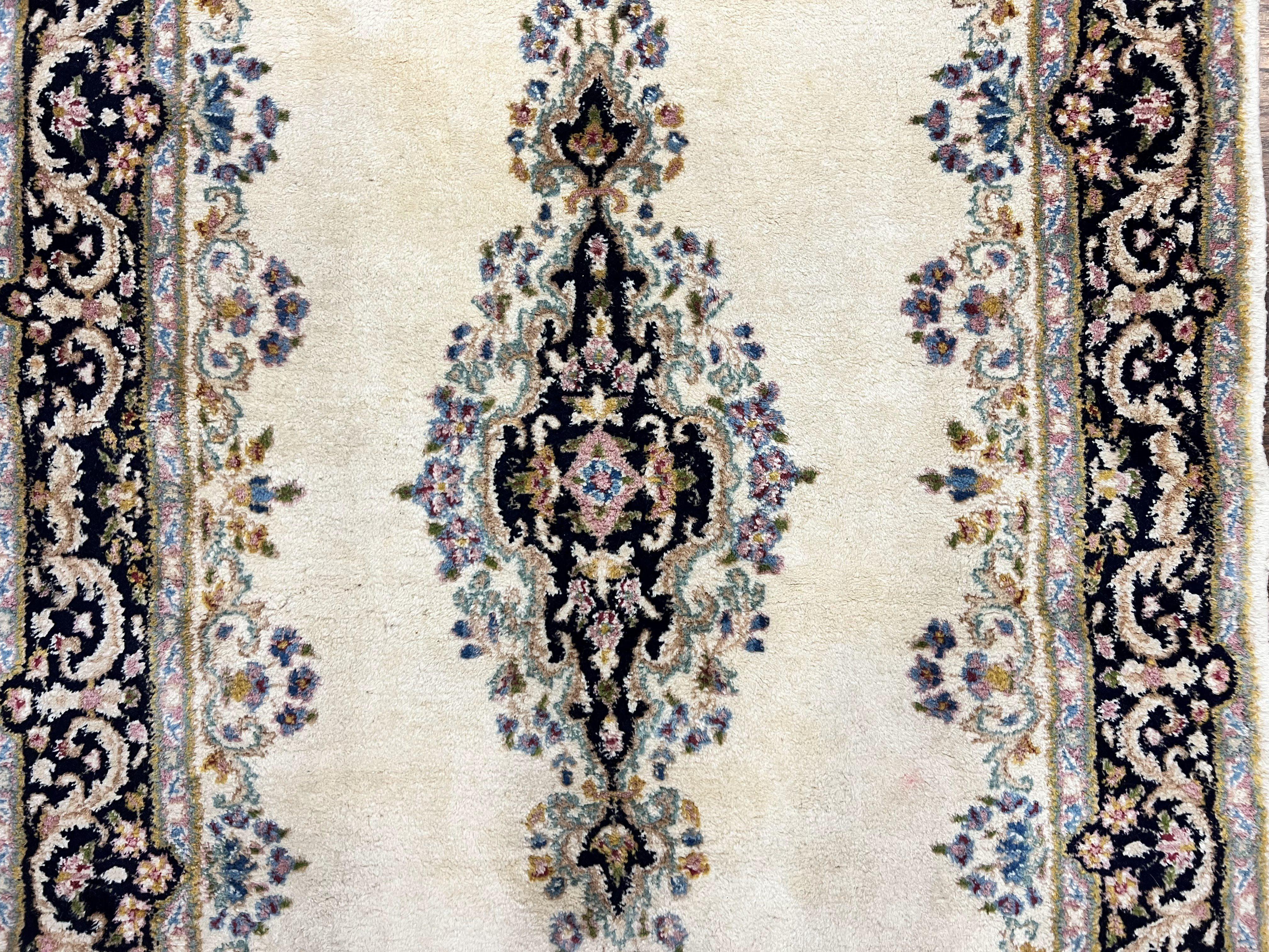 Persian Kirman Rug 4x7, Wool Hand Knotted Antique Carpet, Beige, Semi Open Field Medallion Rug, Traditional Handmade Oriental Rug - Jewel Rugs