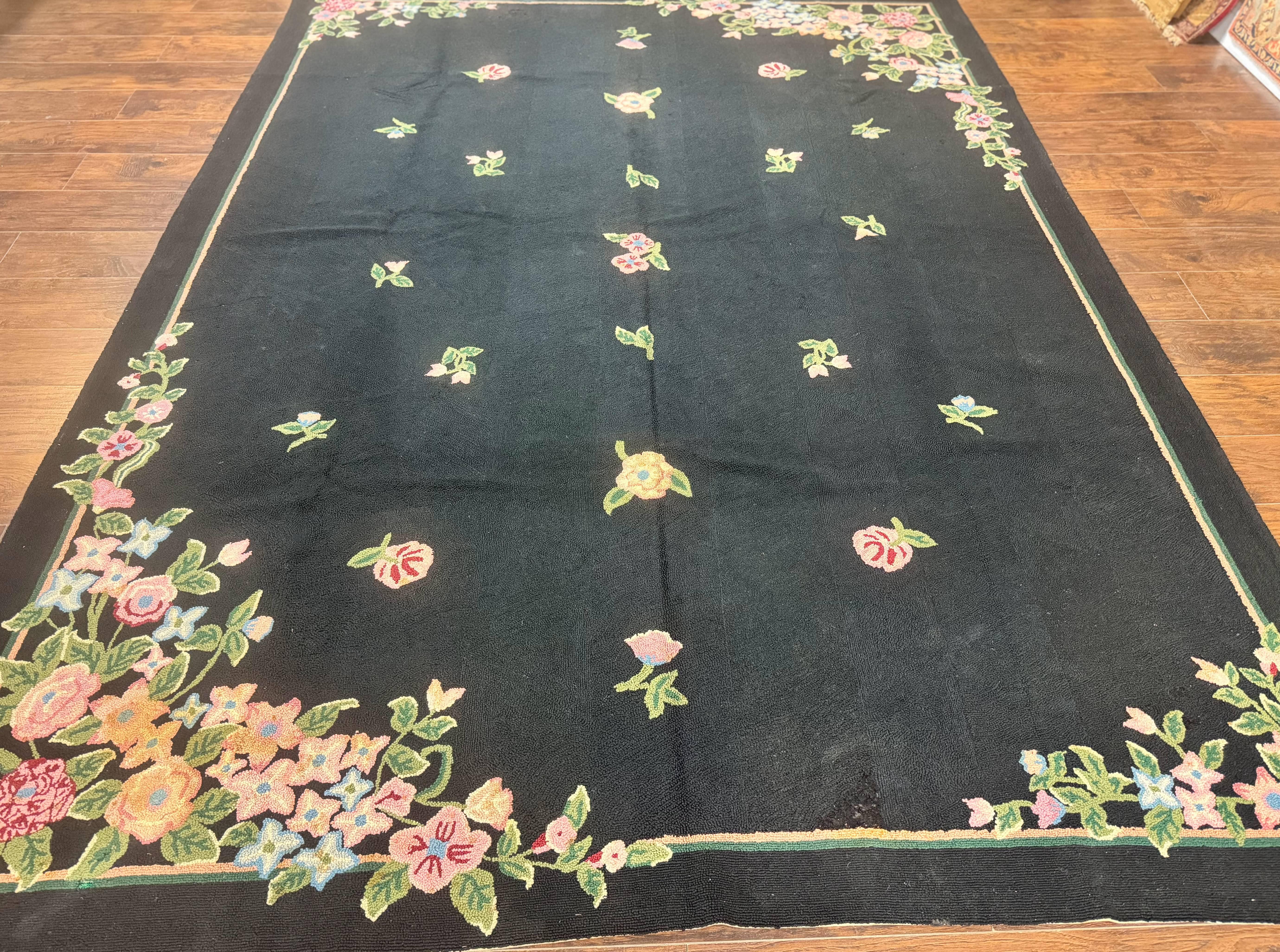 Vintage Hand Hooked Rug 8x11, Black, Handmade Floral Carpet - Jewel Rugs