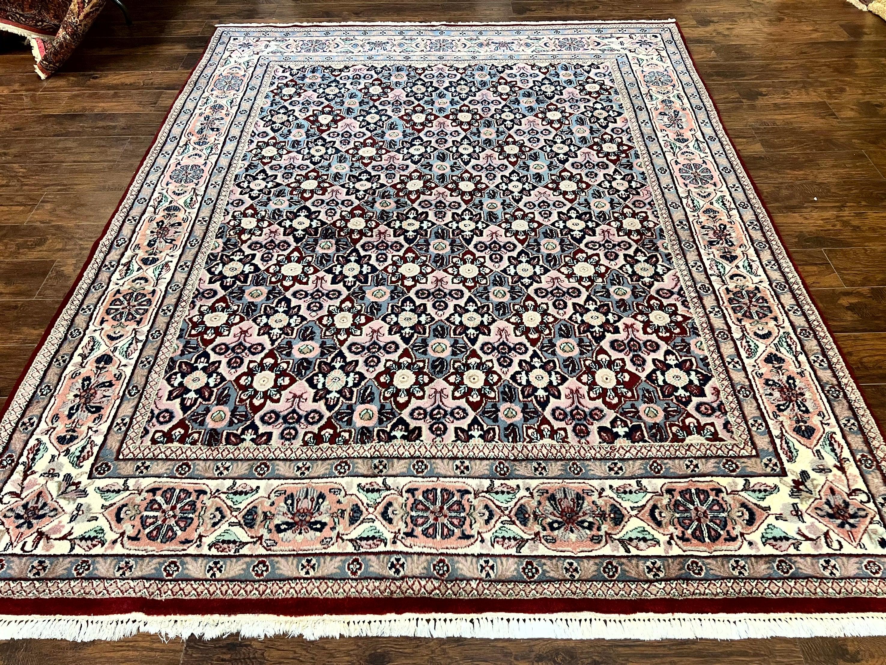 Indo Persian Rug 8x10, Repeated Allover Pattern, Navy Blue Ivory, Handmade Vintage Wool Carpet - Jewel Rugs