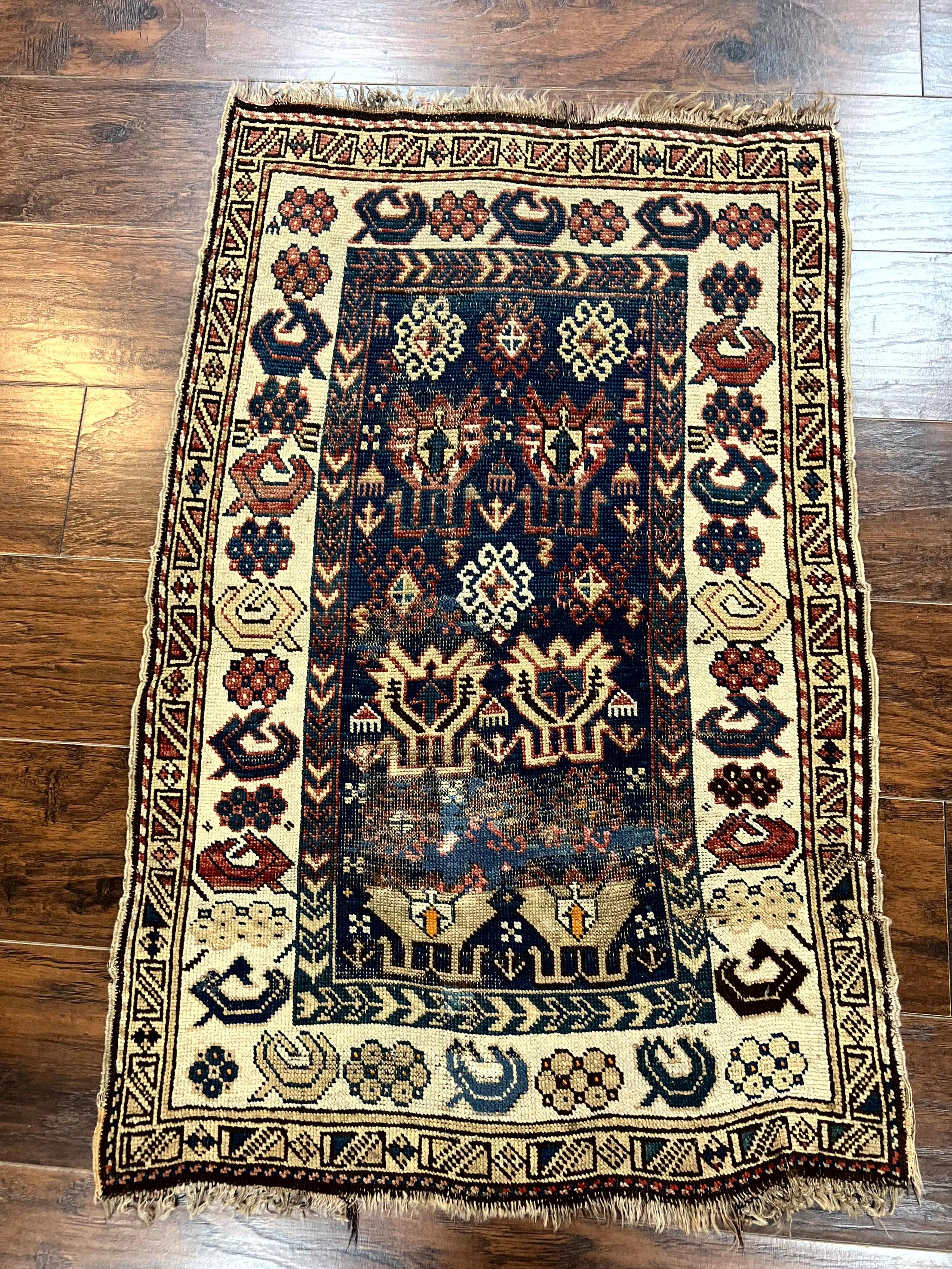 Antique Caucasian Kazak Rug 2.5 x 4, Navy Blue and Ivory, Hand Knotted Handmade Wool Rug - Jewel Rugs