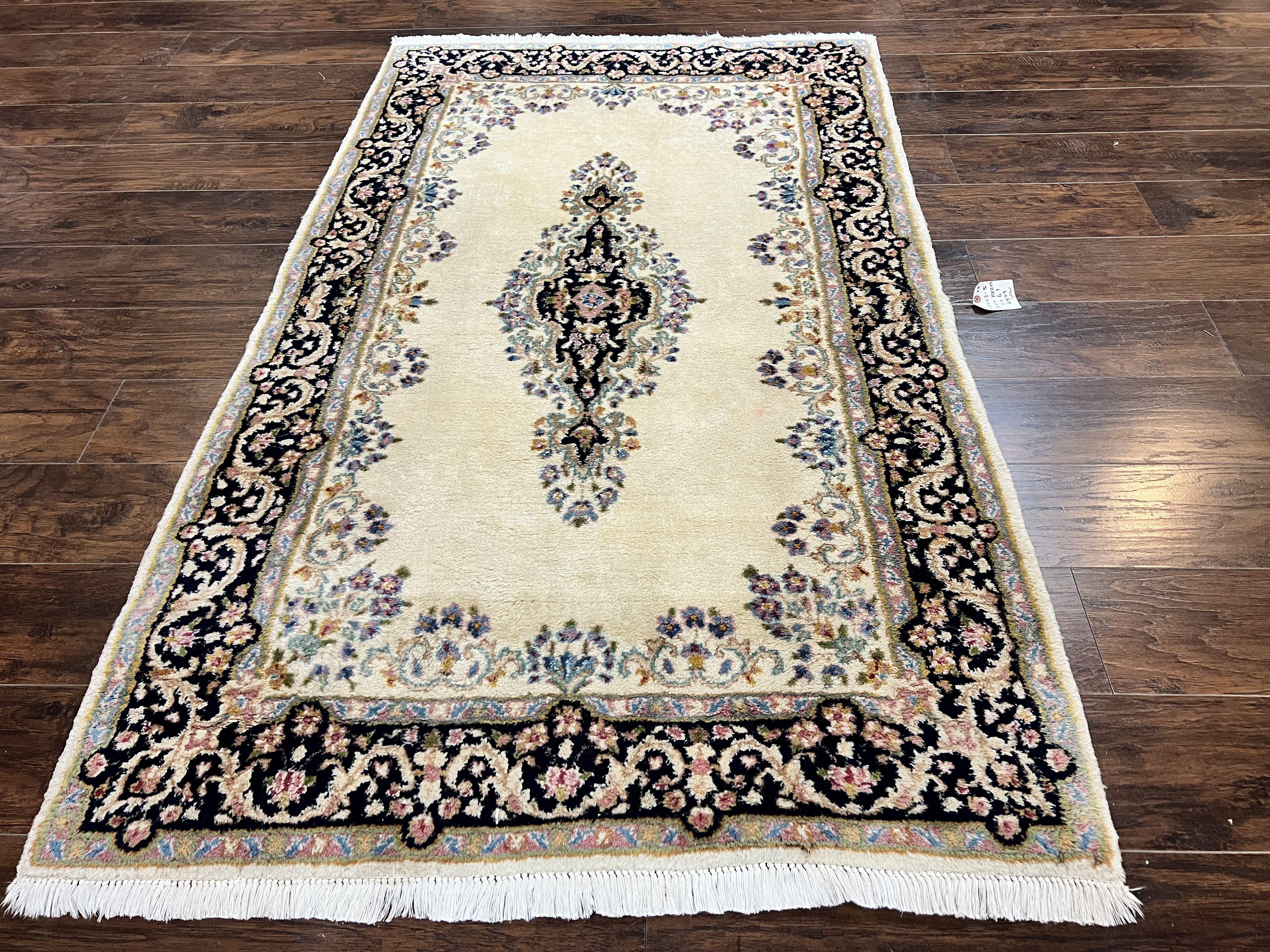 Persian Kirman Rug 4x7, Wool Hand Knotted Antique Carpet, Beige, Semi Open Field Medallion Rug, Traditional Handmade Oriental Rug - Jewel Rugs
