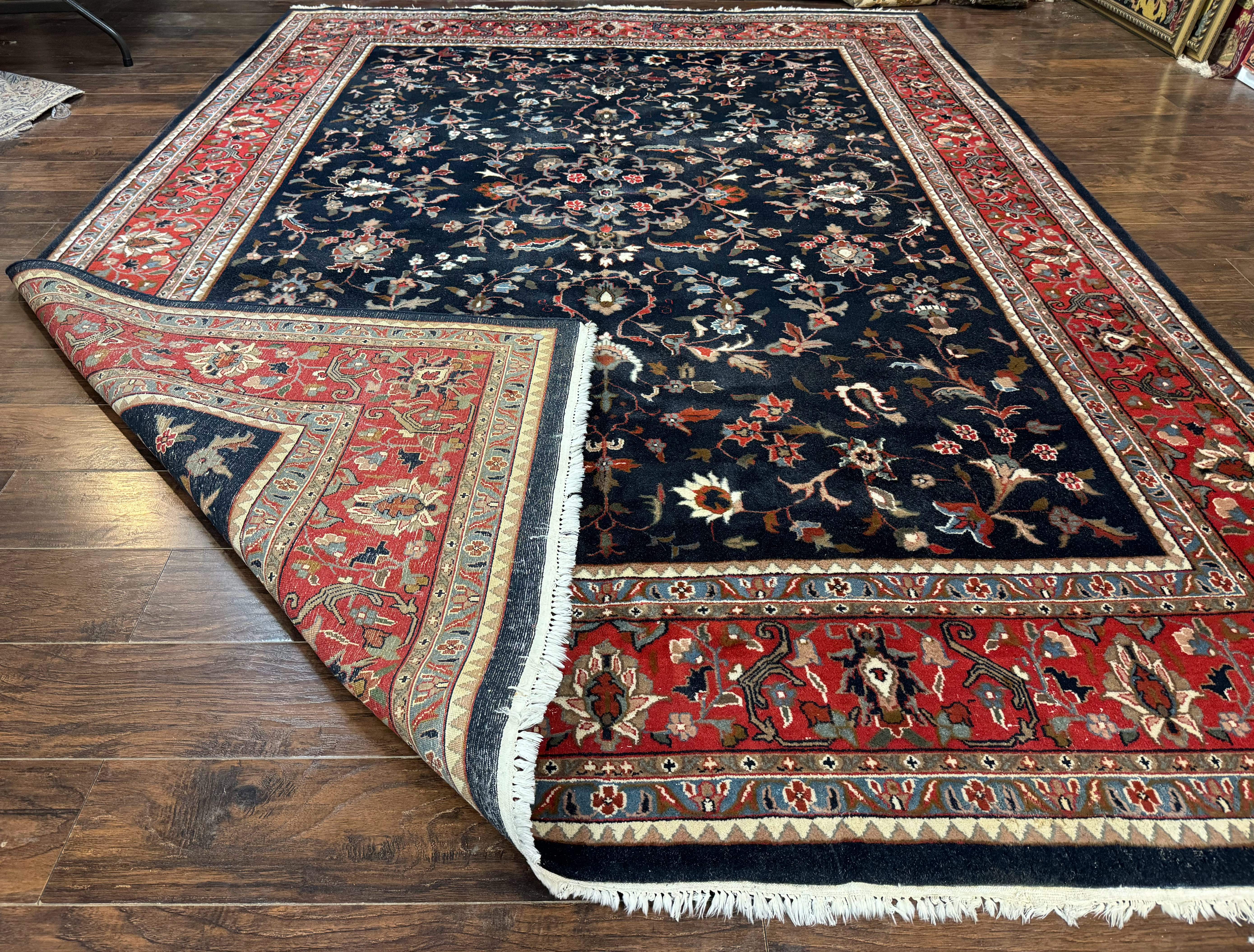 Indo Persian Sarouk Rug 9x12 – Navy and Red, Hand-Knotted Wool Vintage Carpet, Allover Pattern - Jewel Rugs
