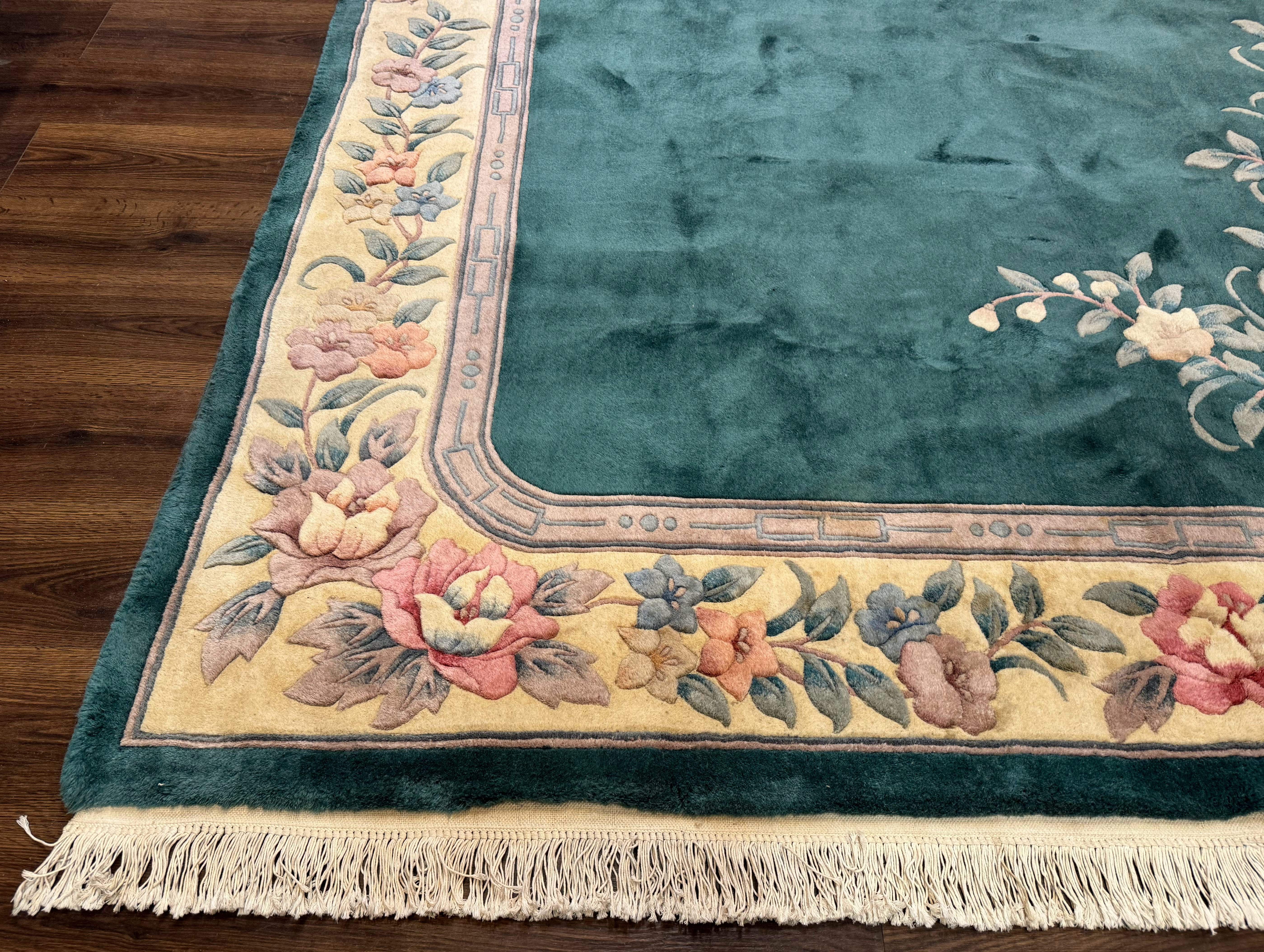 Chinese 90 Line Rug 8x11 ft – Teal and Beige, Hand-Knotted Wool, Aubusson Vintage Carpet - Jewel Rugs