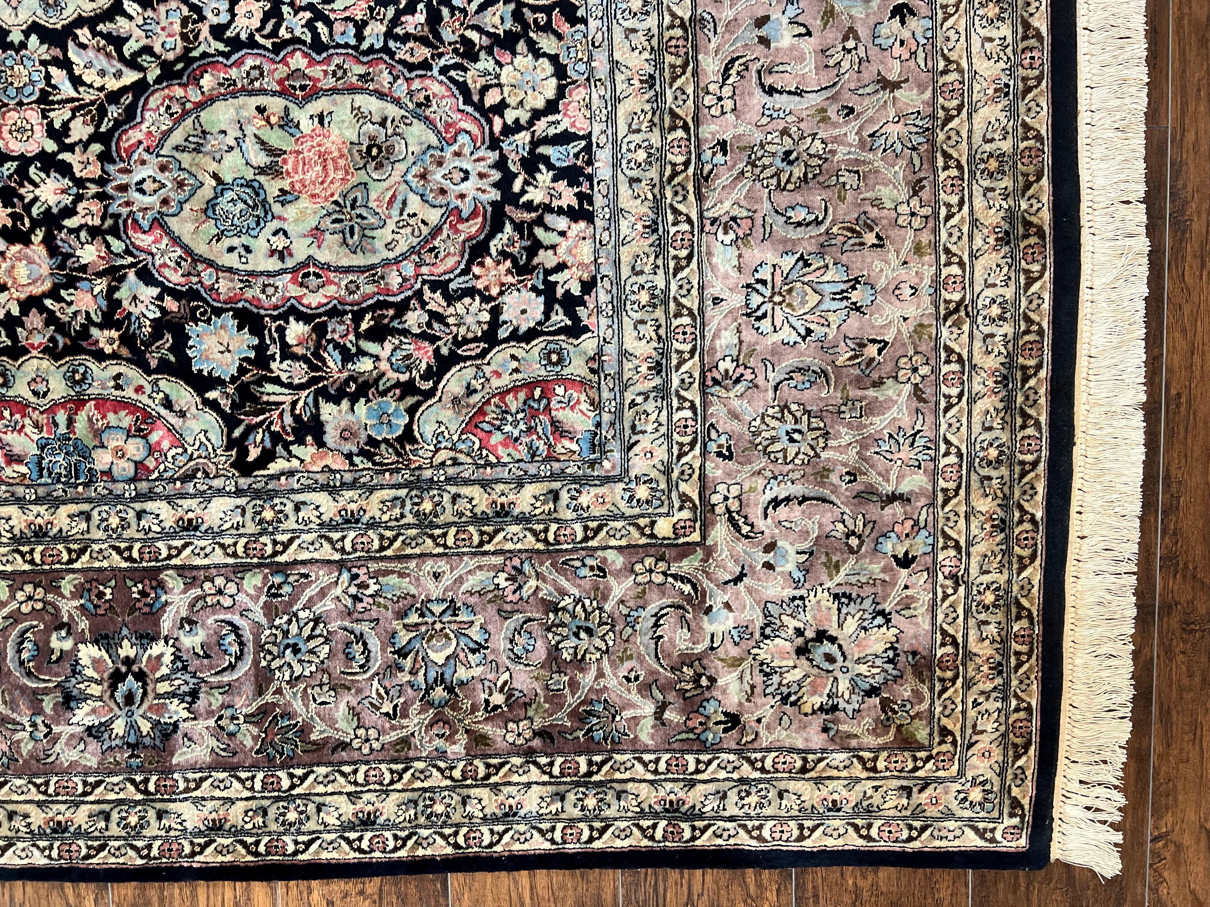 Sino Persian Rug 9x12, Navy Blue and Pink Hand Knotted Wool and Silk Highlights Vintage Oriental Carpet, Handmade Floral Area Rug 9 x 12 ft - Jewel Rugs