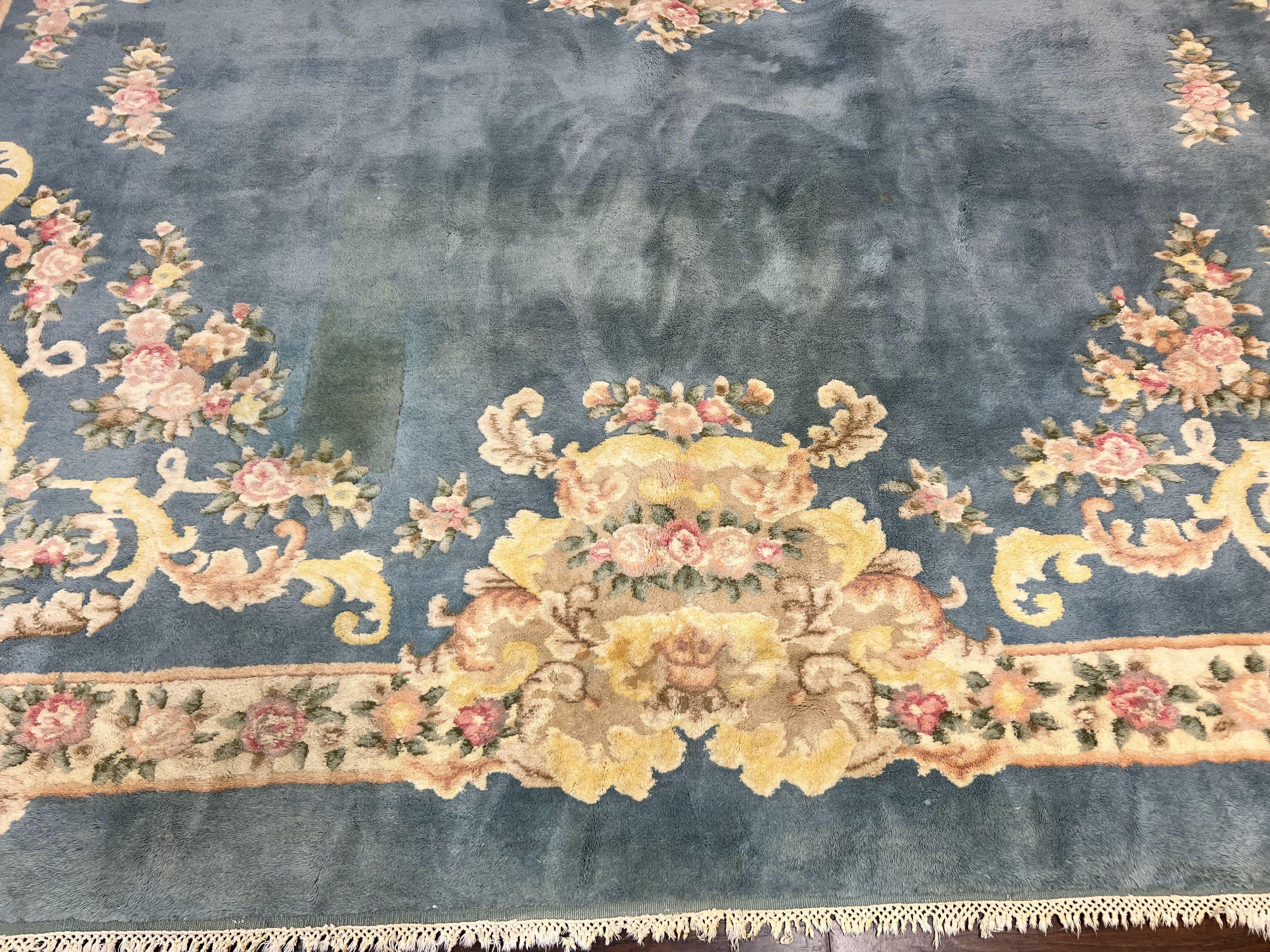 Indo Chinese Rug 9x14, Wool Hand Knotted Vintage Carpet, Light Blue Cream Beige, Aubusson European Design Rug 9 x 14 - Jewel Rugs