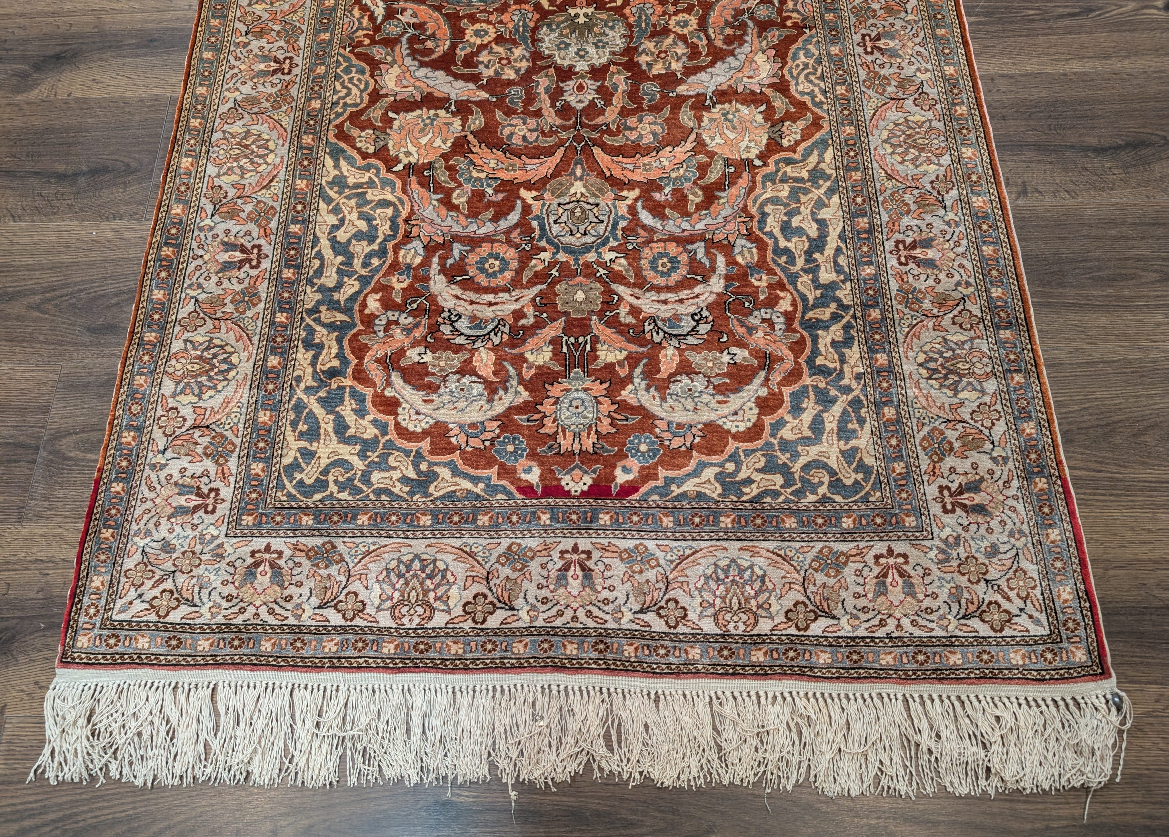 Silk Turkish Hereke Rug 3x5, Fine Hand-Knotted Silk Carpet, Rust Red & Green - Jewel Rugs