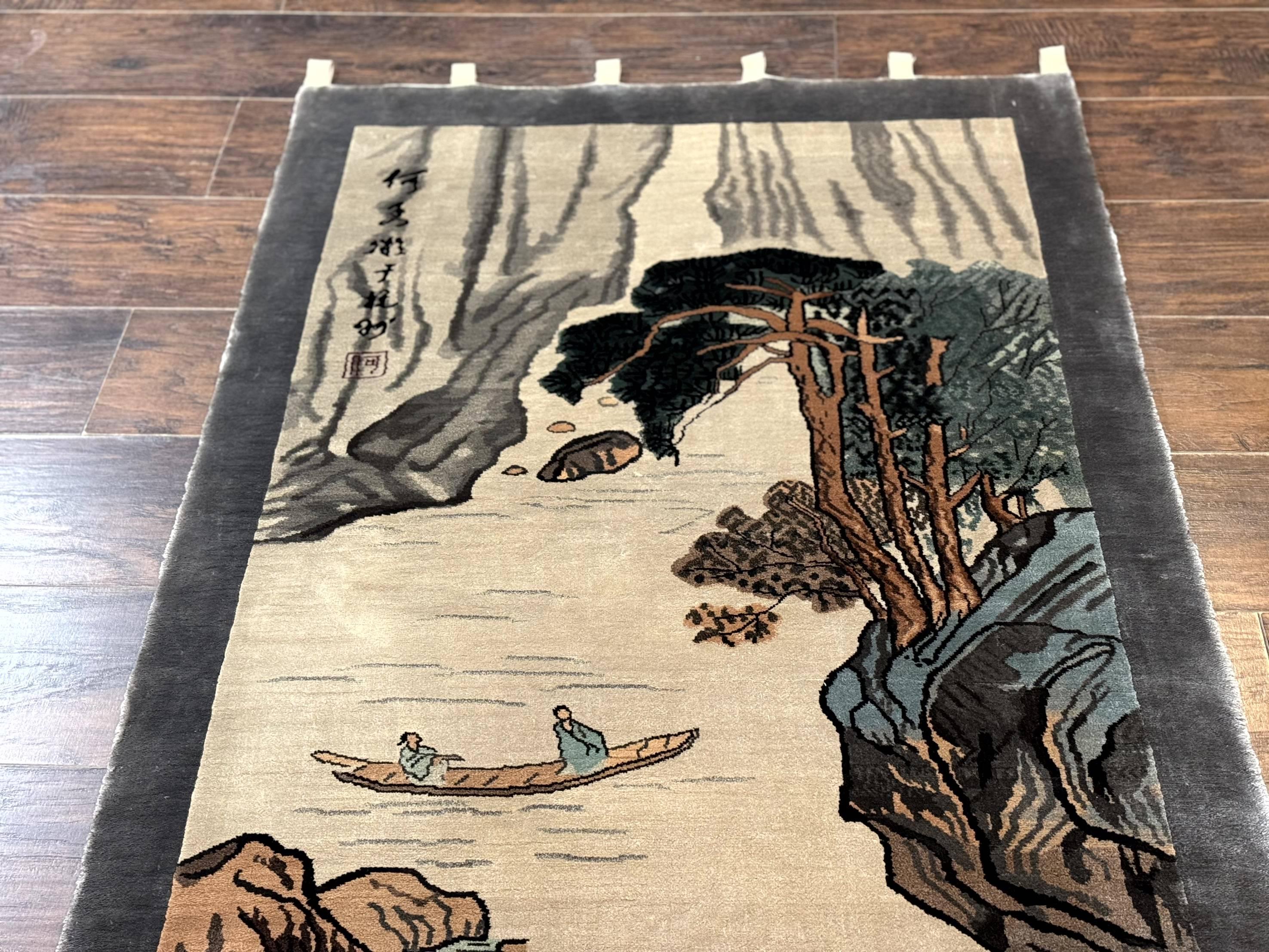 Chinese Silk Wall Hanging 3x5, Handmade, River and Boat Scene, Rug Tapestry - Jewel Rugs