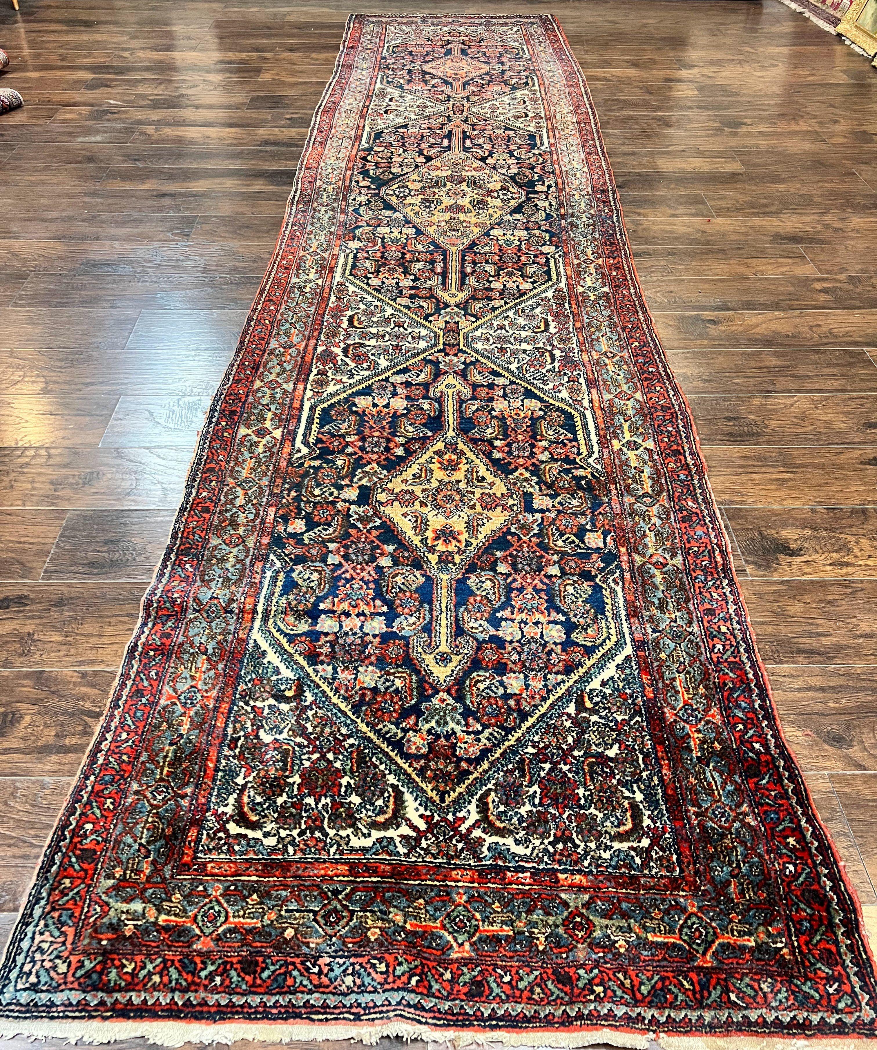 Antique Persian Runner Rug 3.7 x 15.8, Navy Blue Multicolor, Hand Knotted Handmade Wool Rug for Hallway, Geometric Medallions, Persian Hamadan Rug - Jewel Rugs