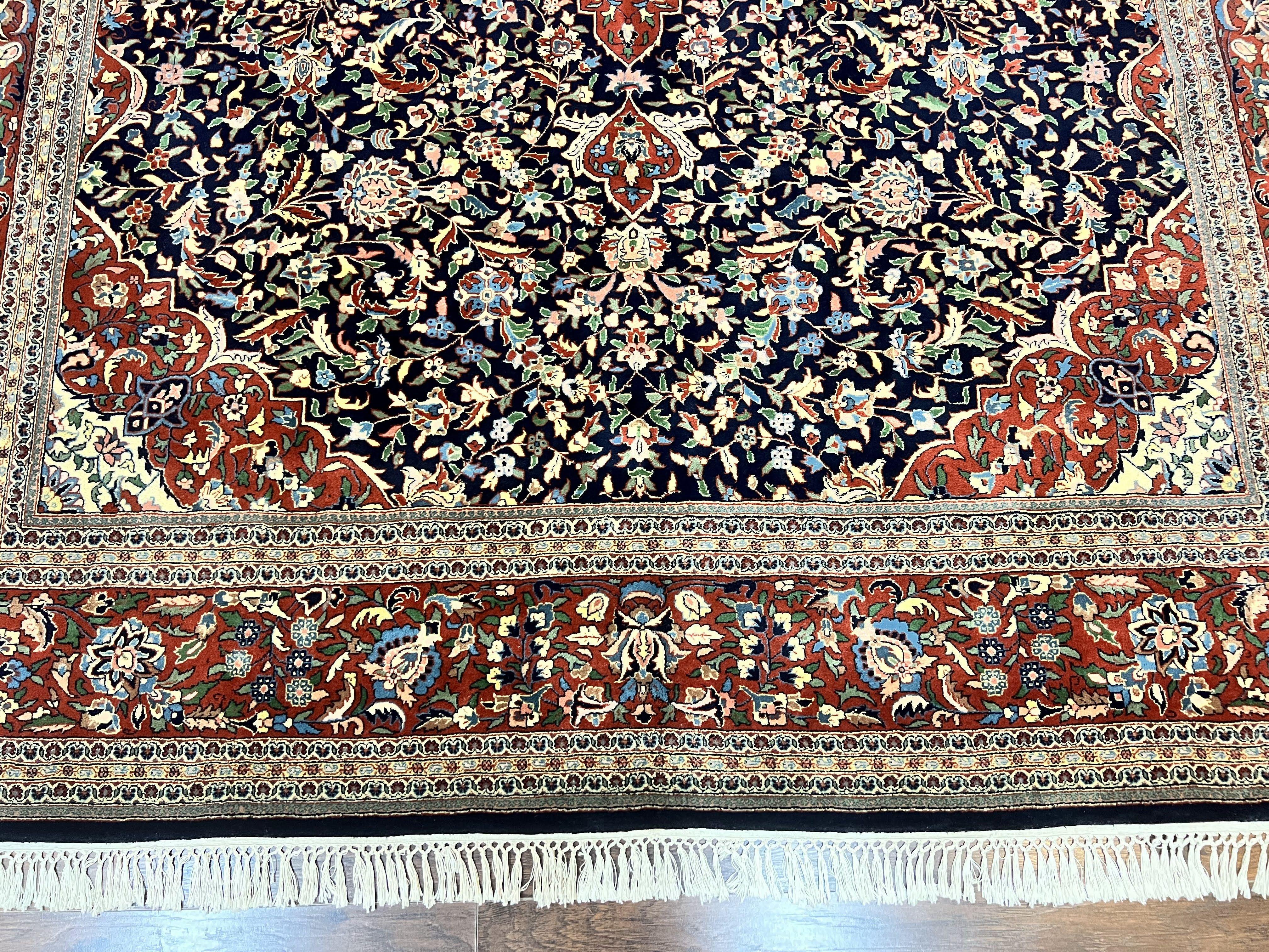 Indo Persian Rug 8x10, Floral Medallion, Vintage Handmade Wool Carpet, Navy Blue and Red, Fine 300 KPSI - Jewel Rugs