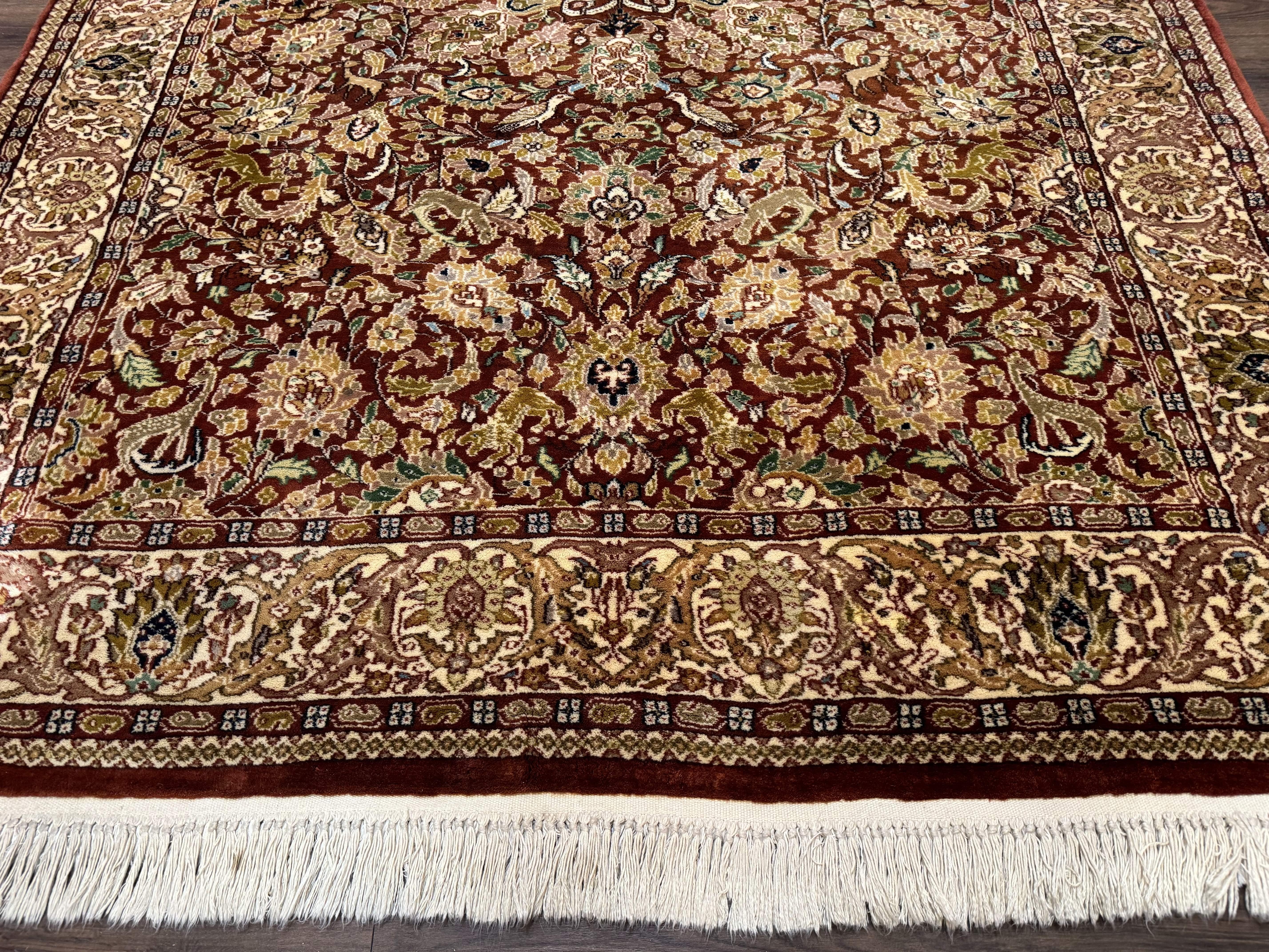 Tree of Life Indian Kashmiri Rug 6x9, Rust Red and Cream, Animal Pictorials, Fine 290 KPSI - Jewel Rugs