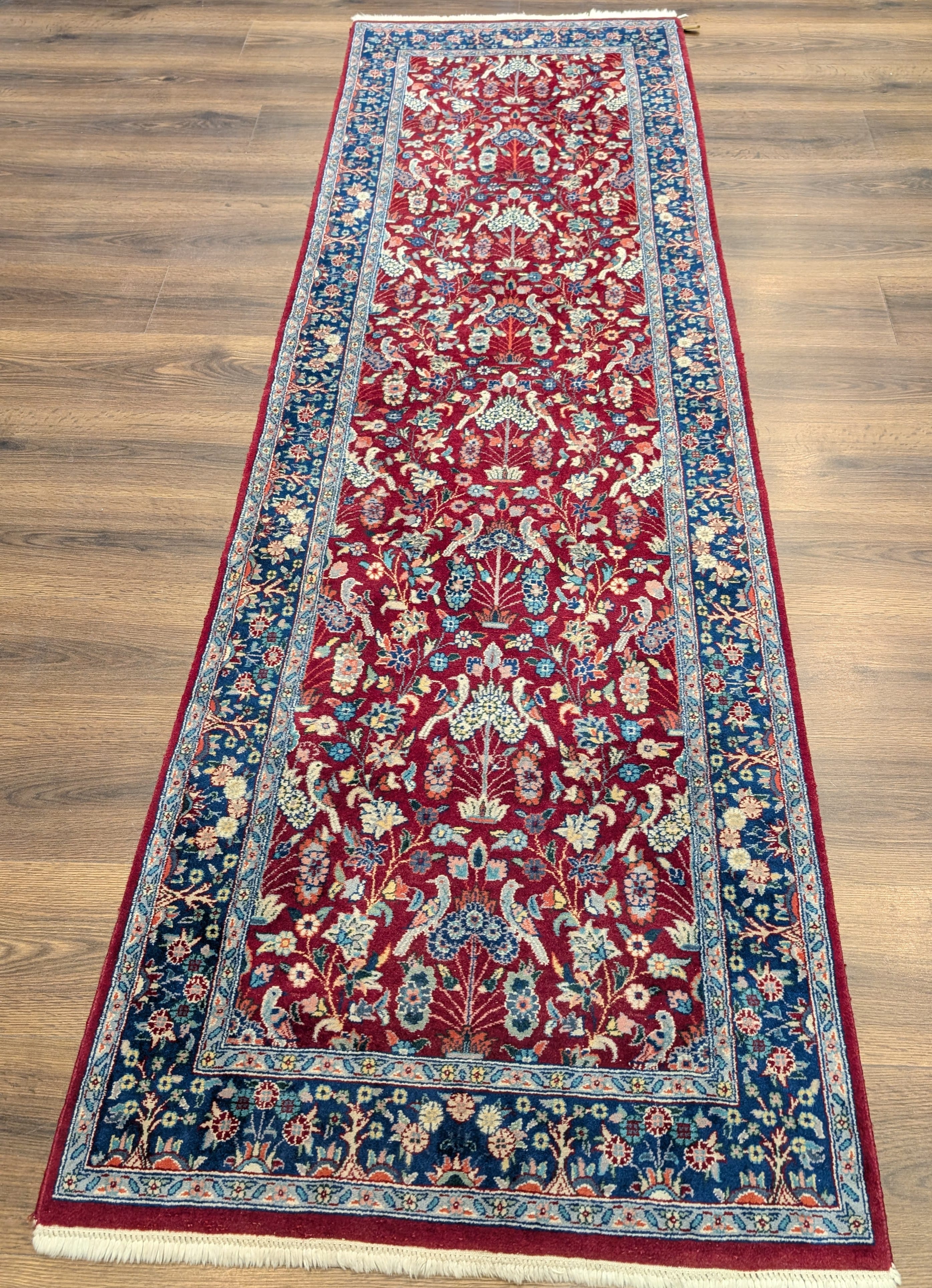 Pak Persian Runner 3 x 8 ft, Bird Motifs, Hand-Knotted Wool, Red, 210 KPSI - Jewel Rugs