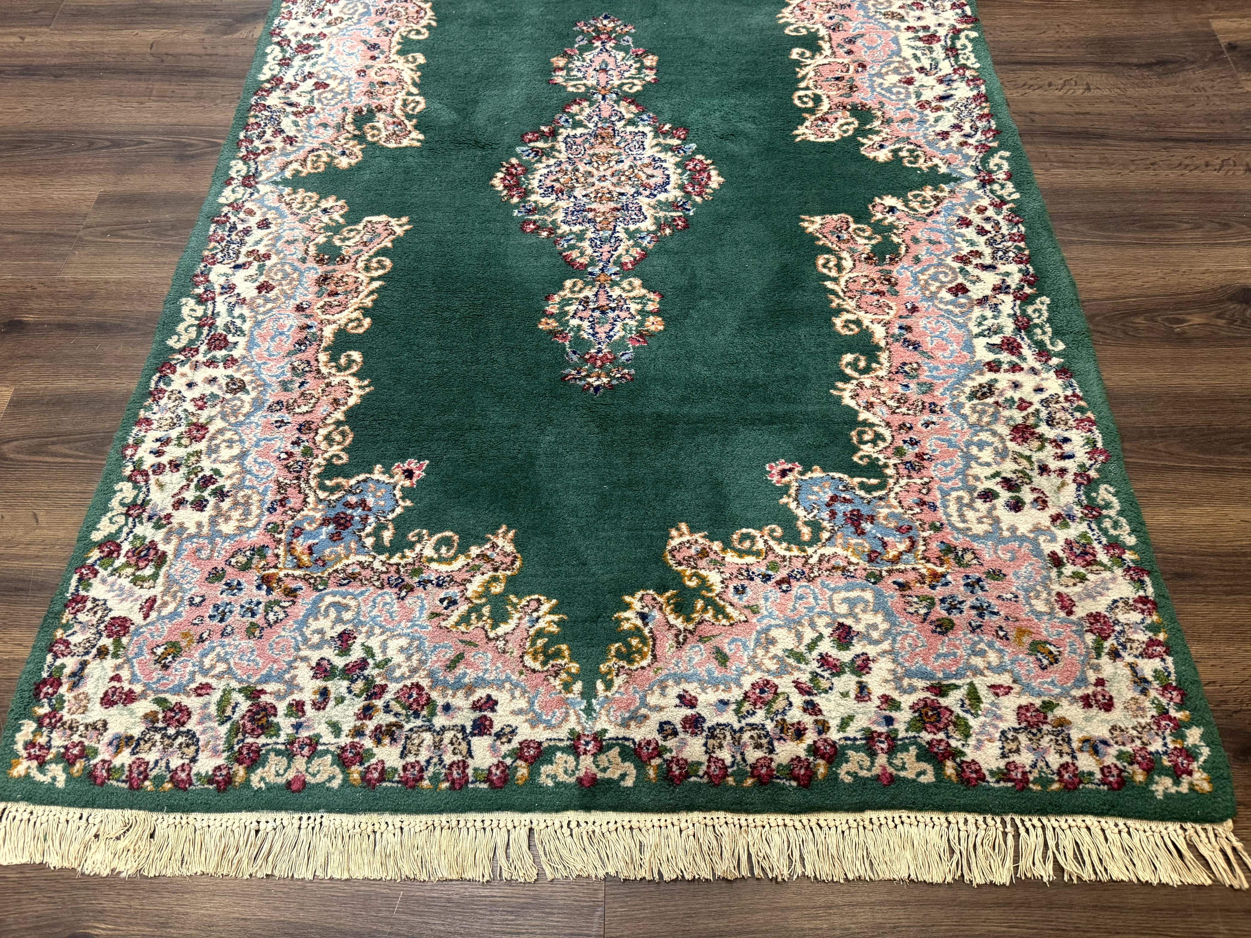 Persian Kerman Rug 4x6, Green Ivory Pink, Wool Vintage, Semi Open Field - Jewel Rugs