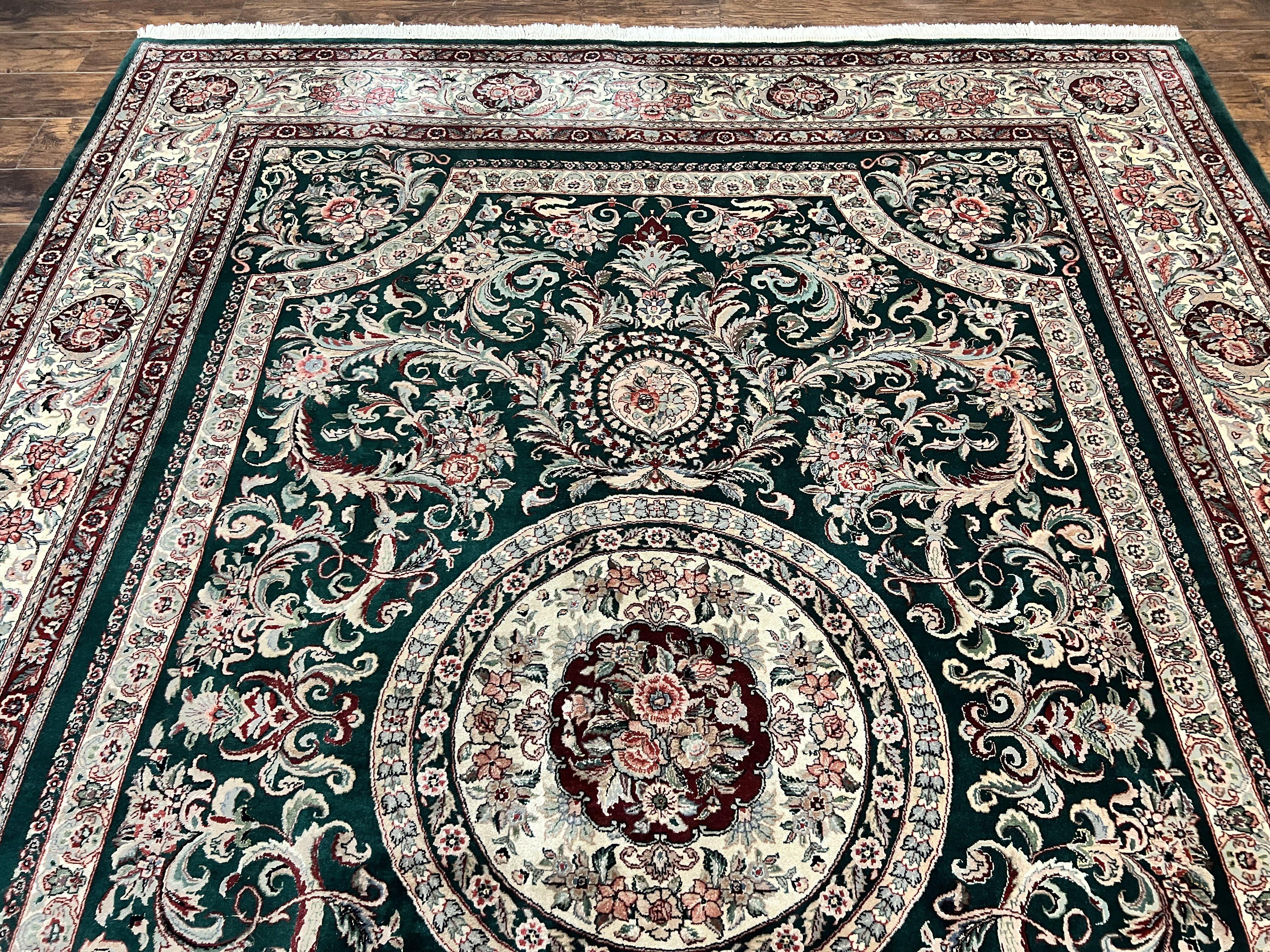 Pak Persian Rug 9x12, Dark Green and Cream, Floral Medallion, Elegant Handmade Wool Carpet 9 x 12 - Jewel Rugs