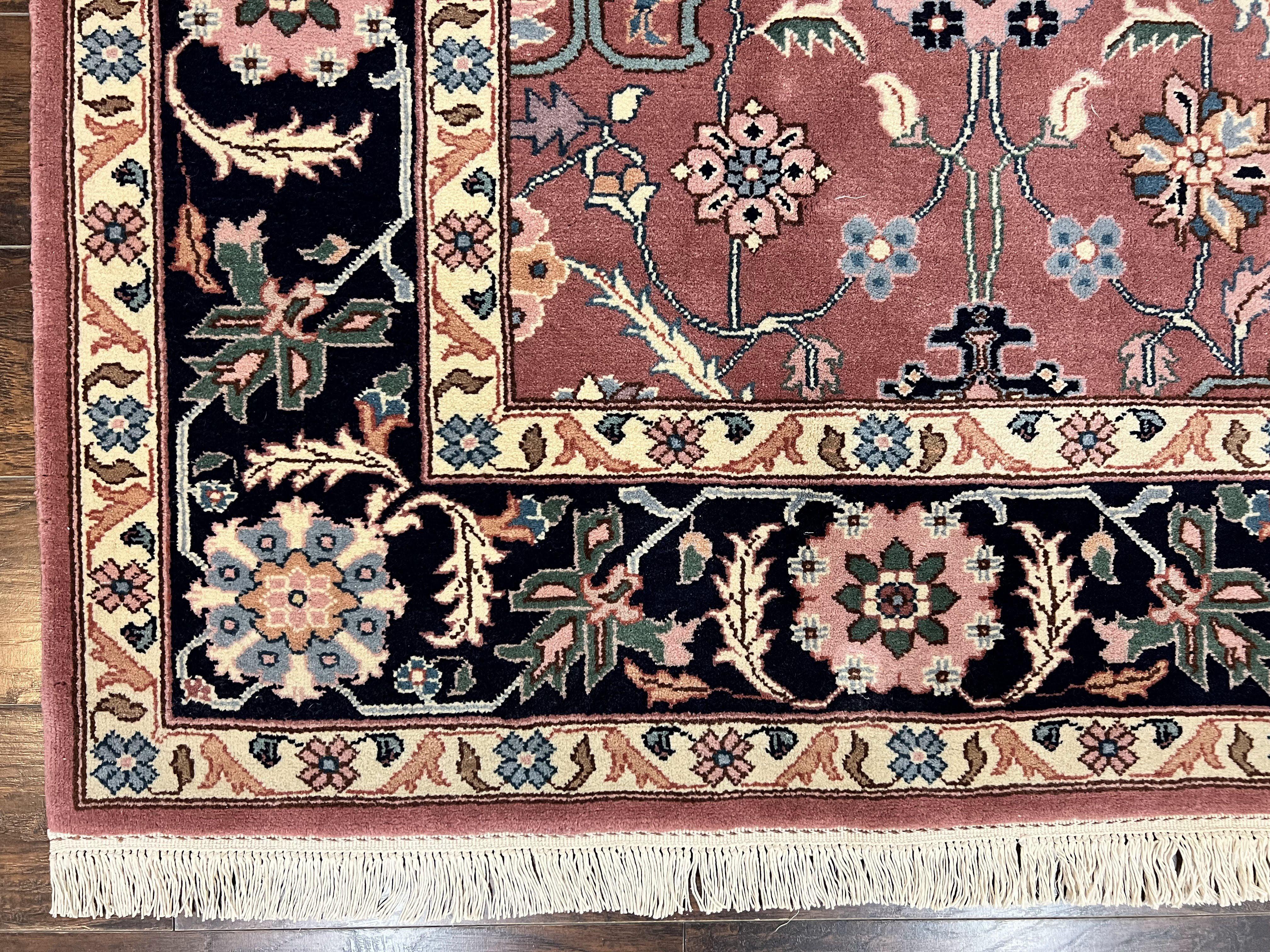 Indo Persian Square Rug 8x8 ft, Pink and Navy Blue, Allover Pattern, Handmade Vintage Wool Carpet - Jewel Rugs