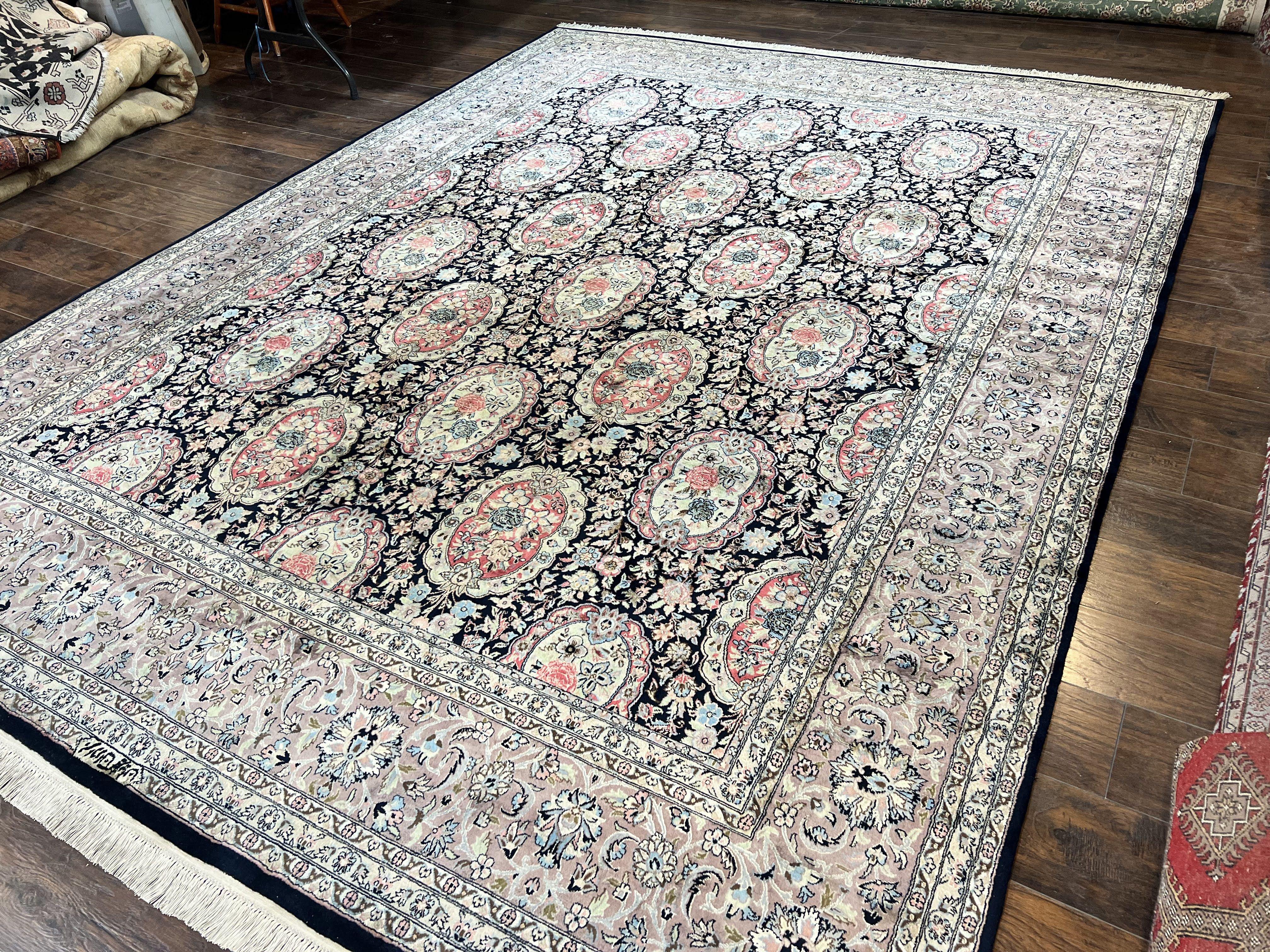 Sino Persian Rug 9x12, Navy Blue and Pink Hand Knotted Wool and Silk Highlights Vintage Oriental Carpet, Handmade Floral Area Rug 9 x 12 ft - Jewel Rugs