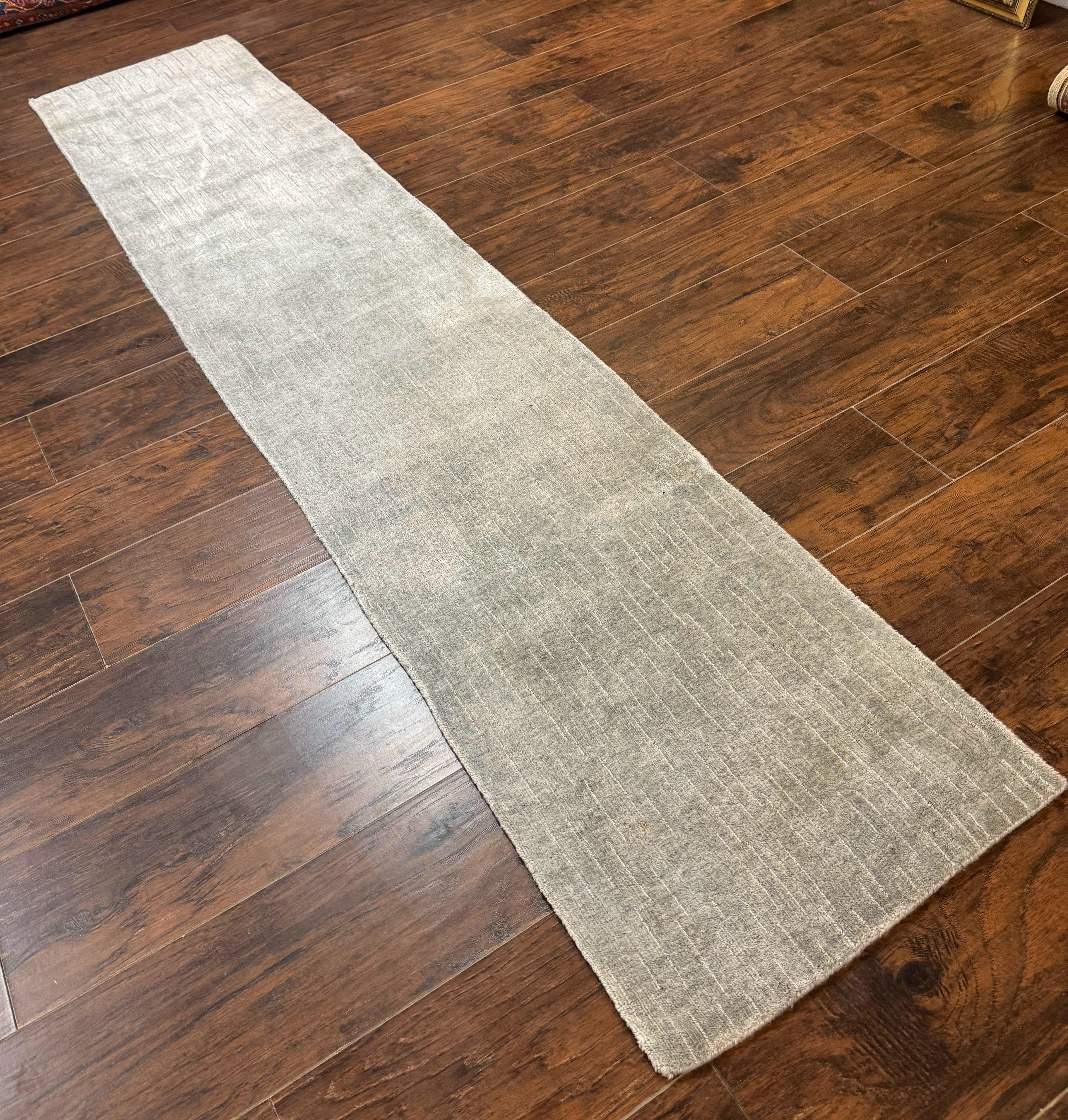 Modern Tibetan Runner Rug 1.9 x 8.6, Wool and Silk Highlights, Gray/Silver, Narrow Runner for Hallway or Kitchen - Jewel Rugs