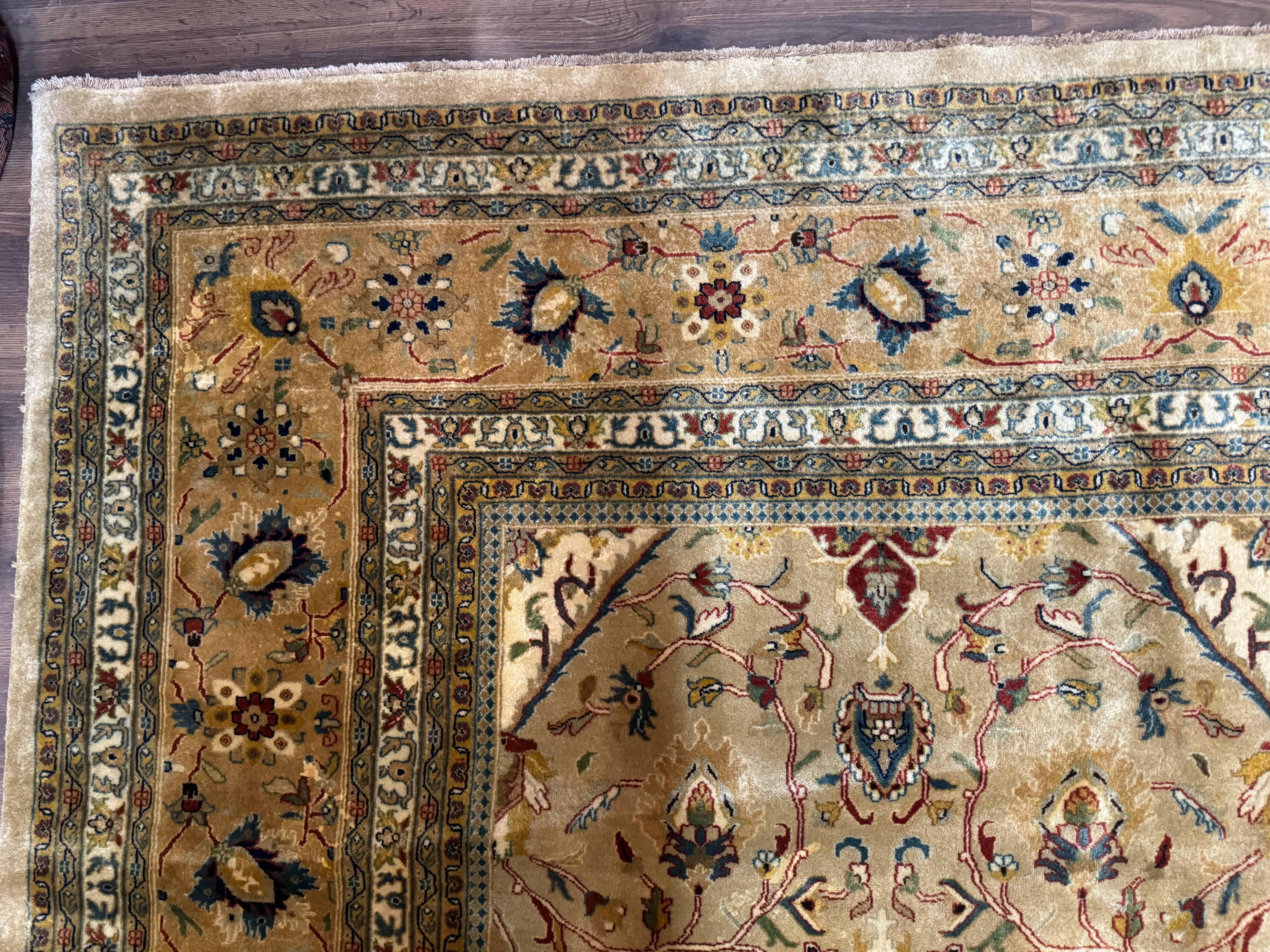 Palace Sized Indo Persian Tabriz Rug 12x18, Tan, Hand Knotted Handmade Oversized Wool Area Rug, Allover Pattern, Fine 225 KPSI - Jewel Rugs