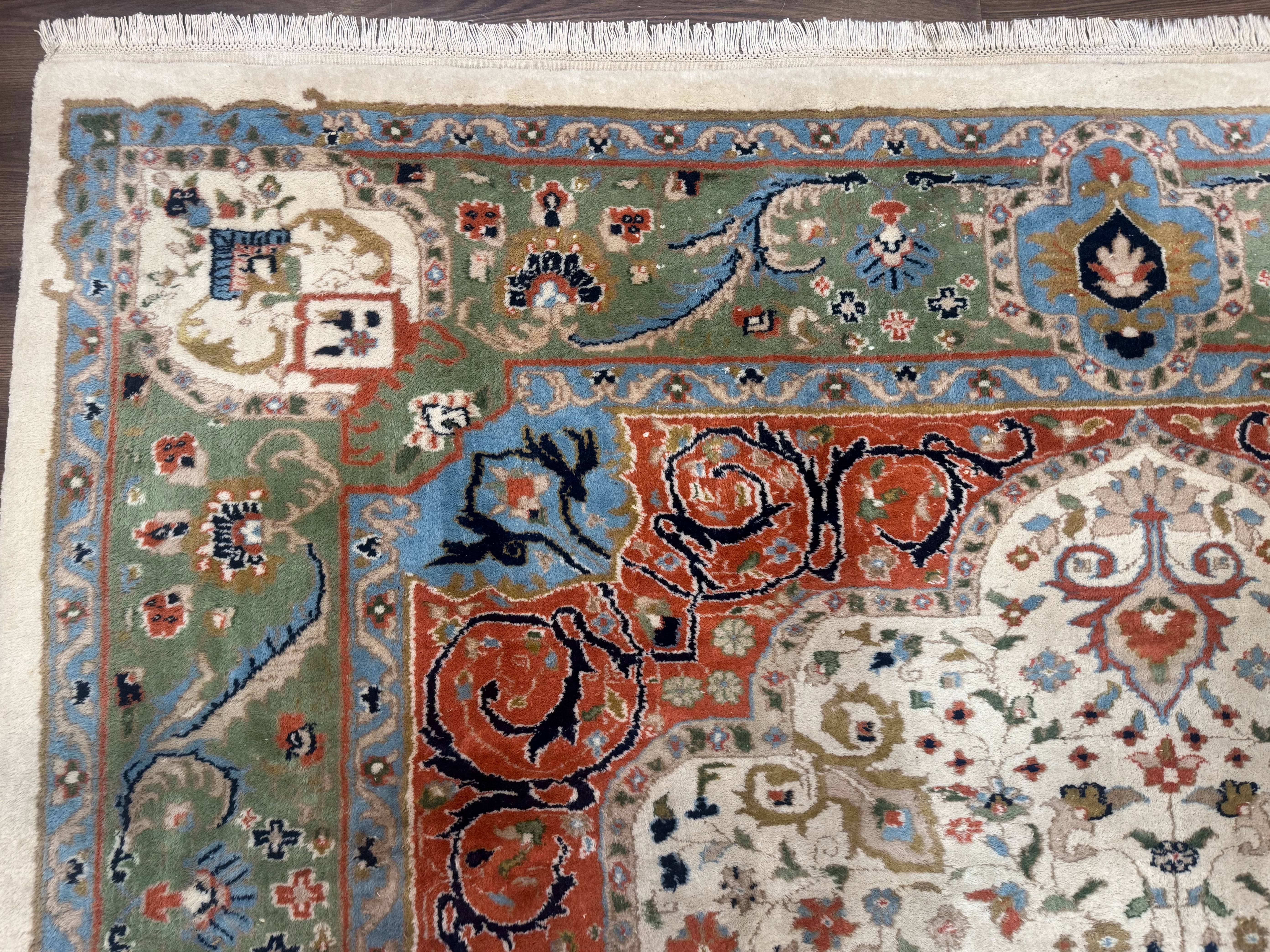 Indo Persian Rug 9x12, Ivory Red Green, Traditional Oriental Carpet - Jewel Rugs