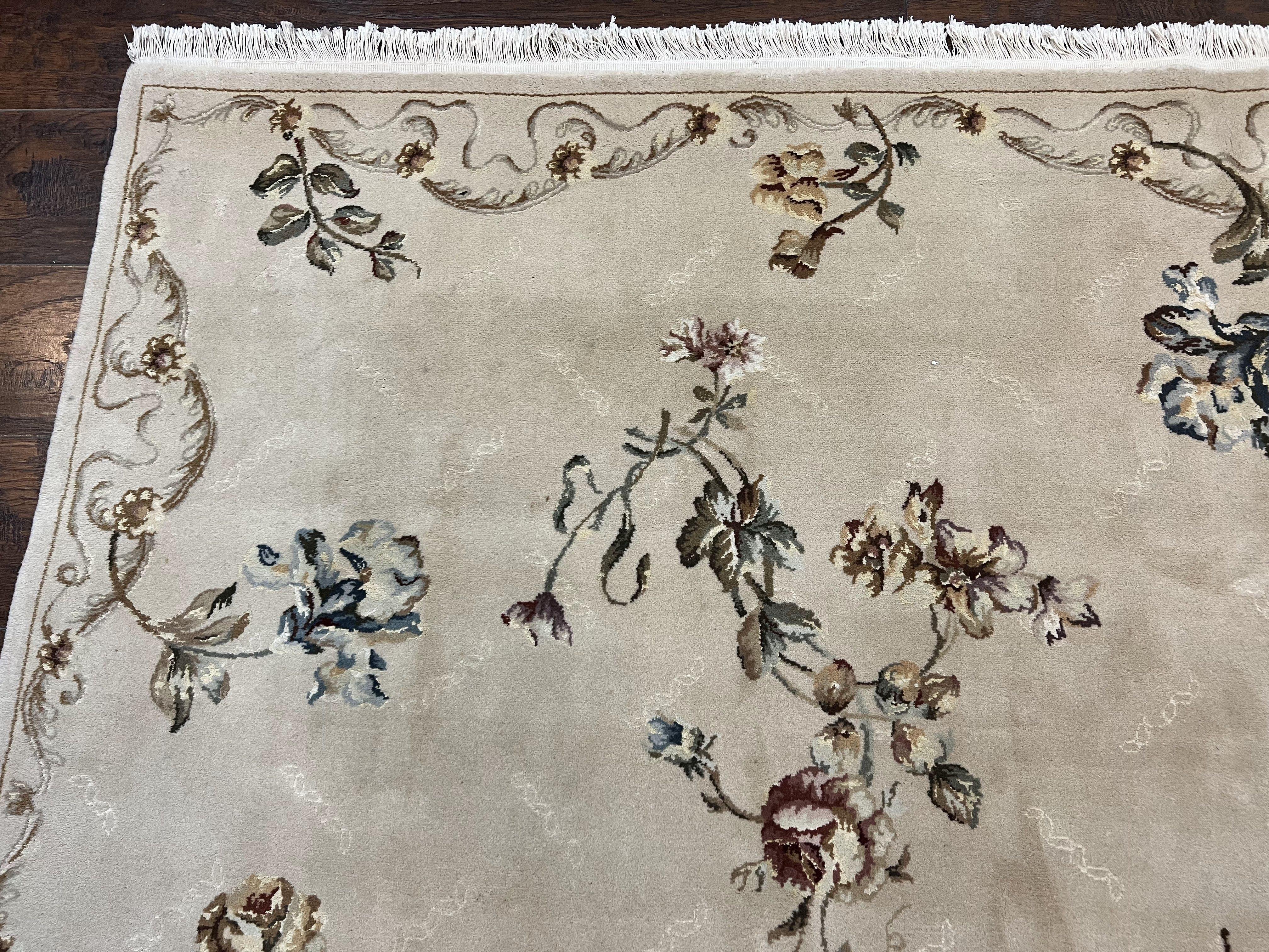 Chinese 120 Line Rug 8x10, Chinese Aubusson Wool & Silk Highlights Handmade Vintage Carpet, Beige Fine Weave Rug, Floral European Design - Jewel Rugs