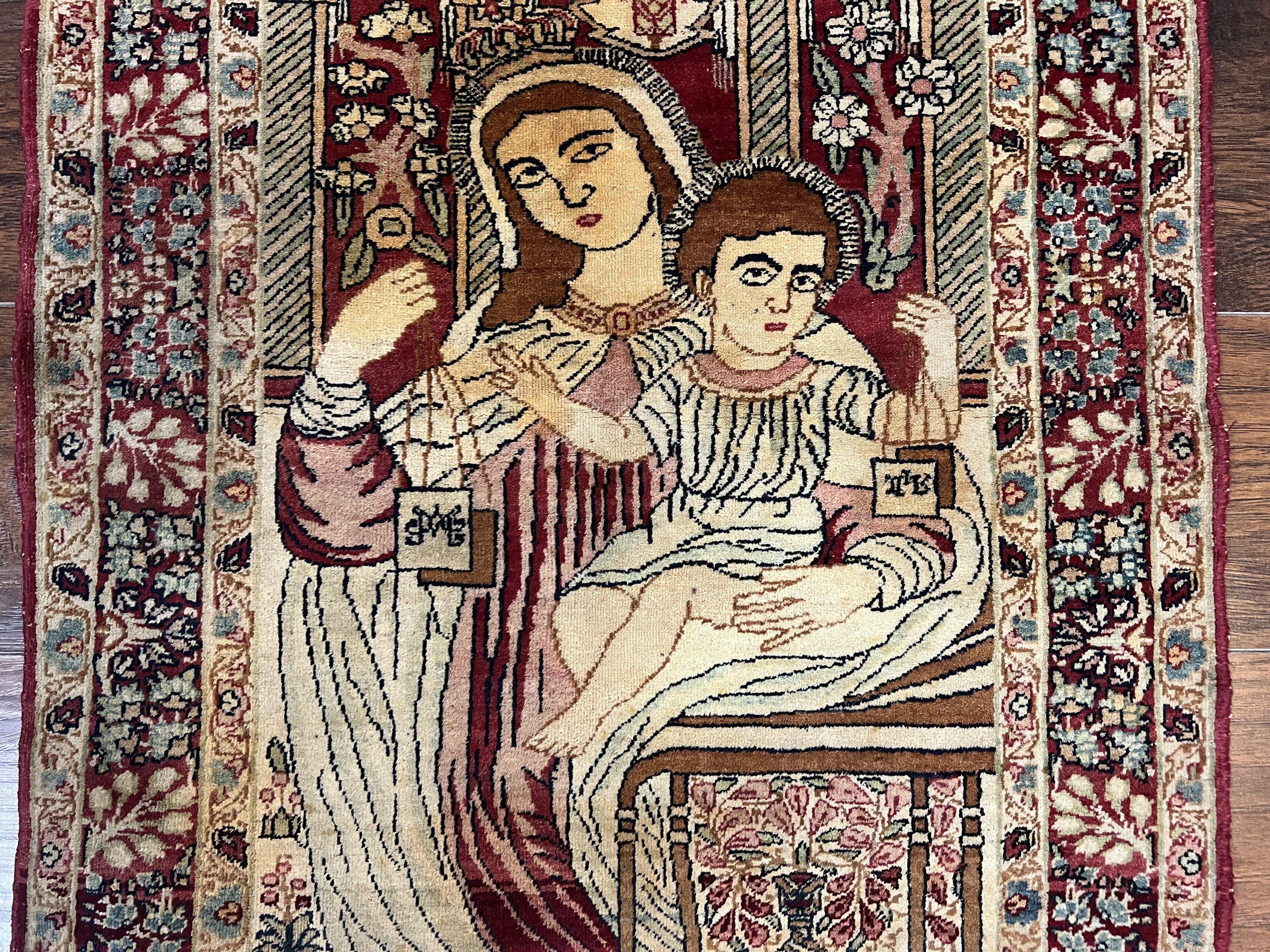 Antique Persian Pictorial Rug 2x3, Virgin Mary and Young Jesus, Rare Christian Kirman Lavar Rug, Hand Knotted Wool Carpet, Collectible - Jewel Rugs
