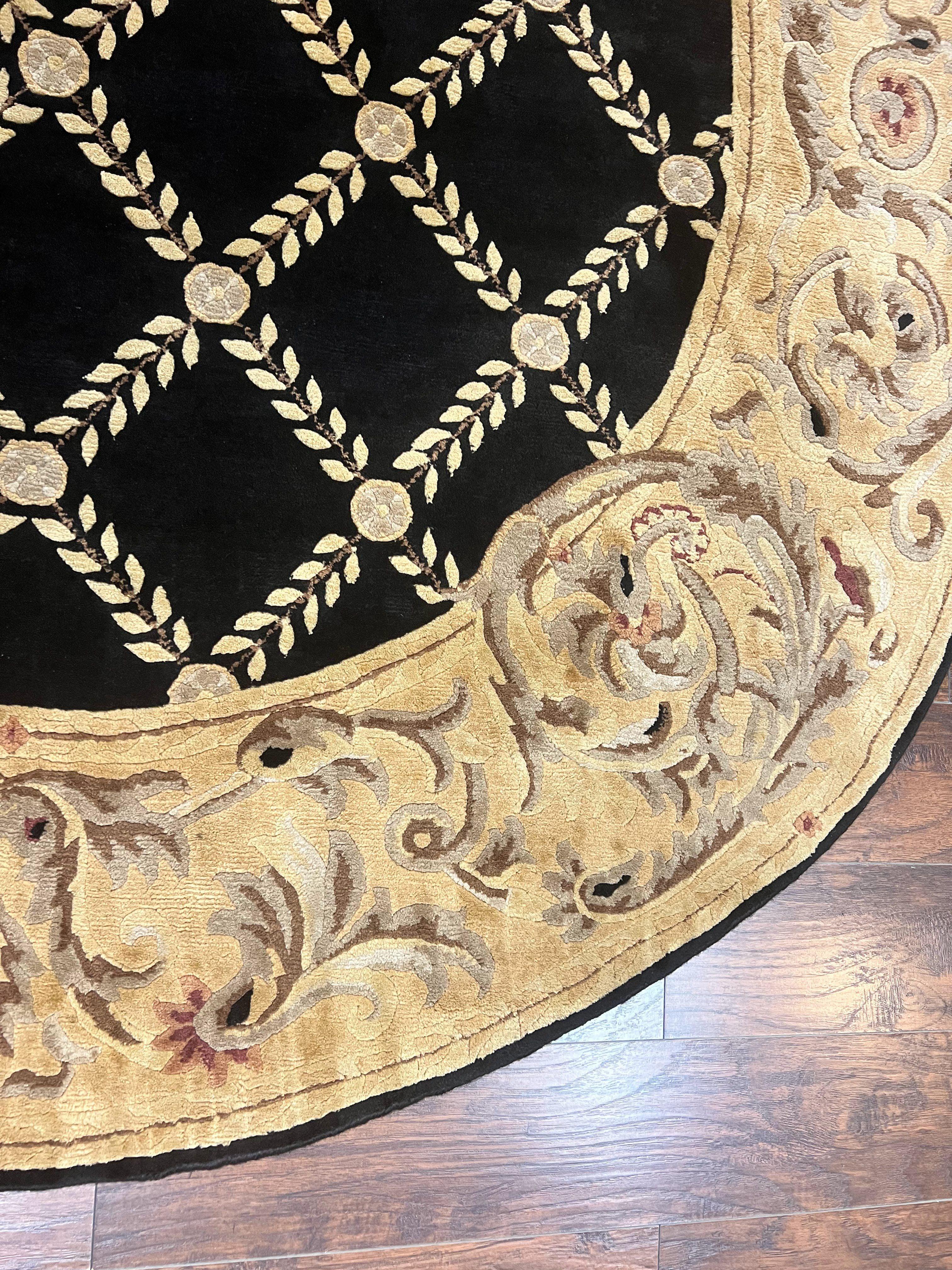 Oval Tibetan Rug 8x10, French Aubusson Design, Wool Handmade Vintage Carpet, Black & Beige, Soft Wool Pile - Jewel Rugs