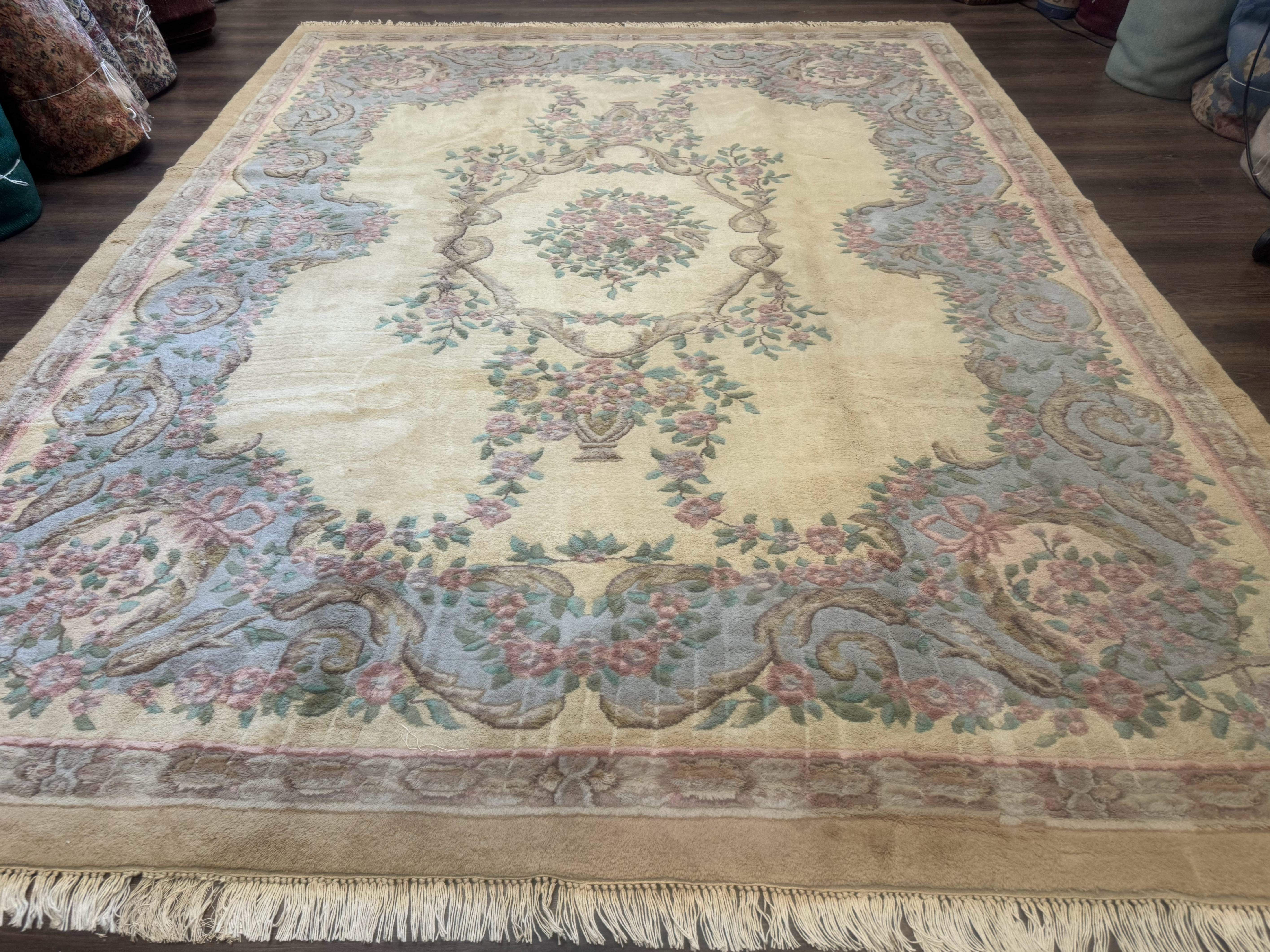 Indo Chinese Aubusson Rug 9x12, Cream and Light Blue, Soft Thick Wool Pile - Jewel Rugs
