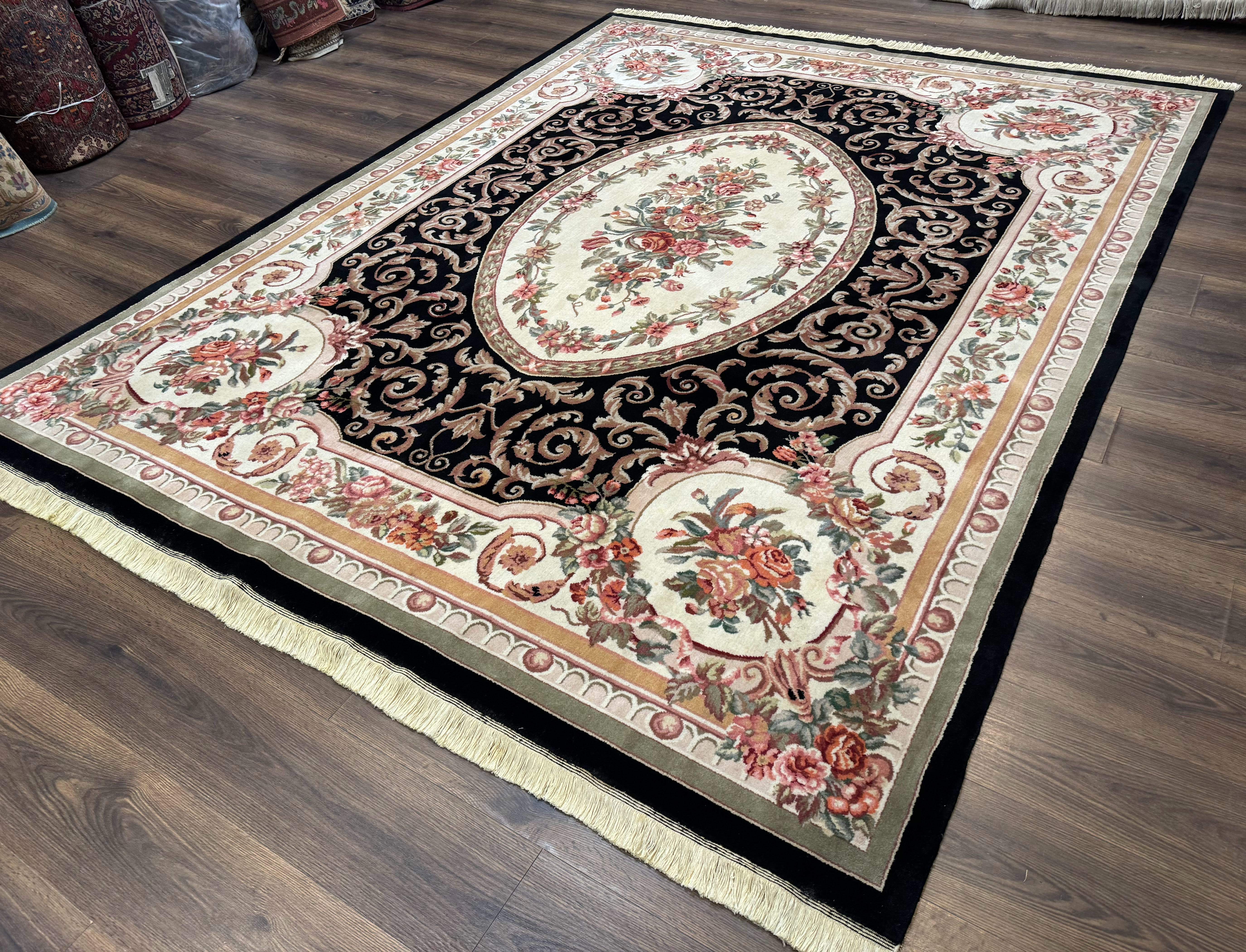 Aubusson Rug 8x10 – Black and Ivory, Hand-Knotted Wool, Vintage Carpet - Jewel Rugs