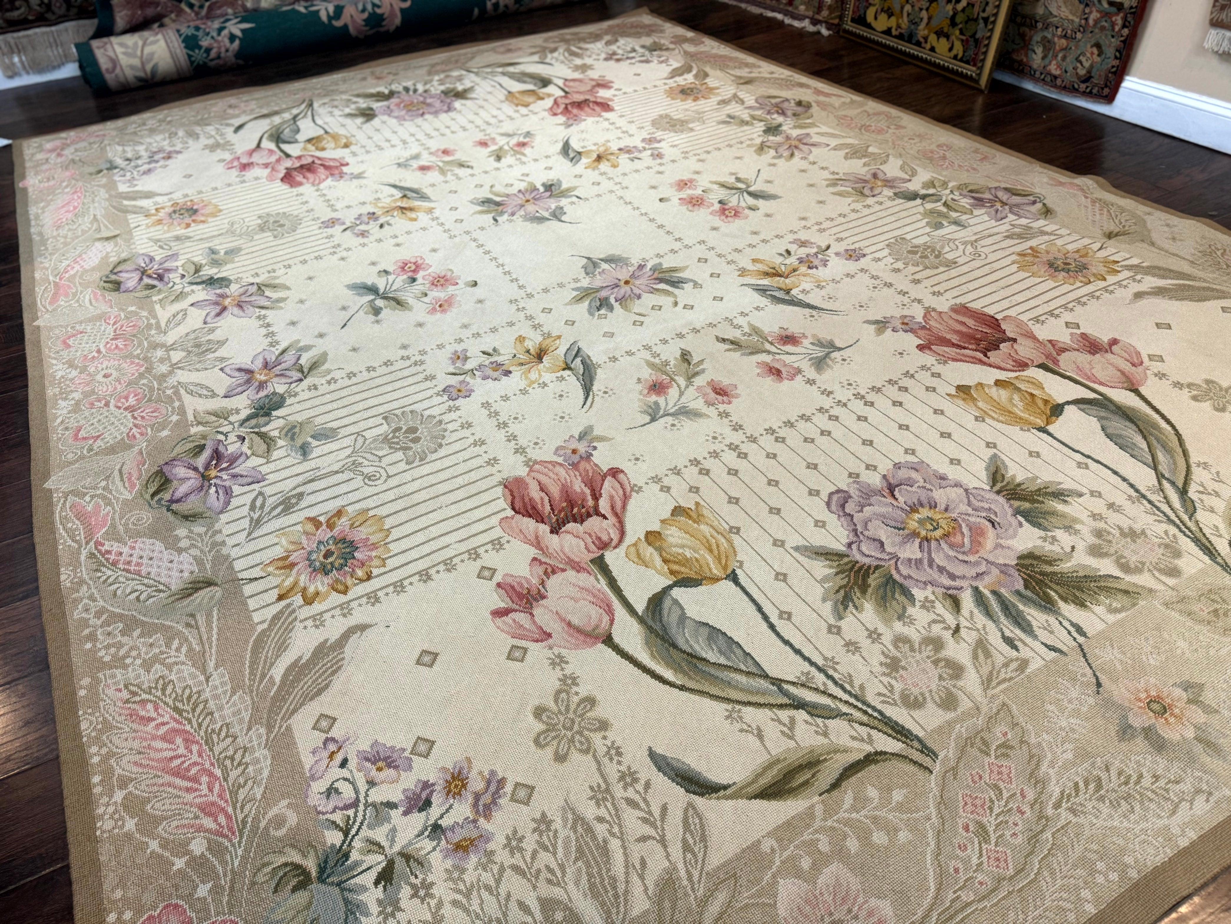 Needlepoint Rug 10x14, Petitepoint Carpet, Floral, Elegant, European Design, Beige Pink Lavender, Large Flowers - Jewel Rugs
