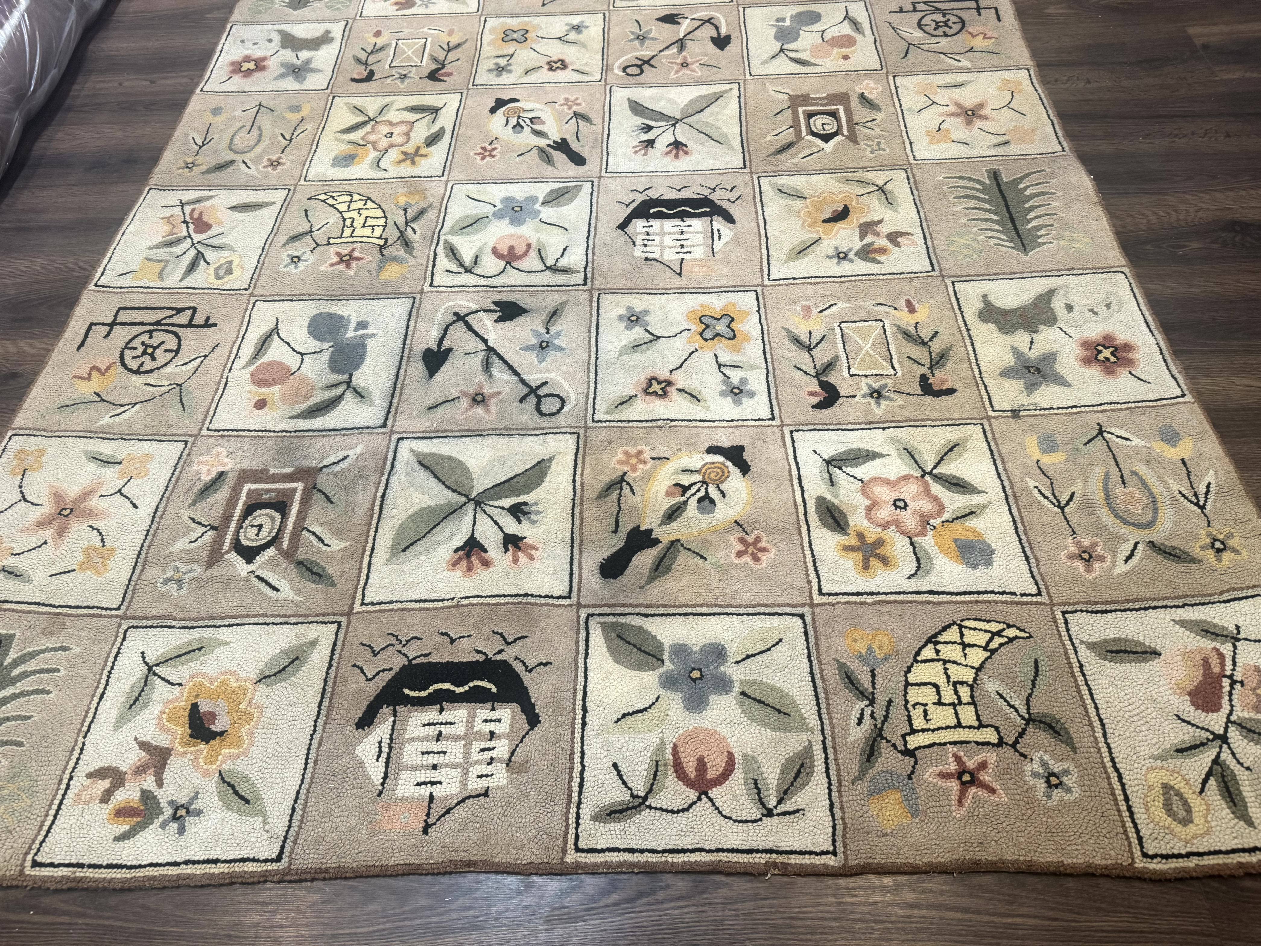 American Hooked Rug 6x9, Panel Design, Vintage, Ivory & Soft Pink - Jewel Rugs