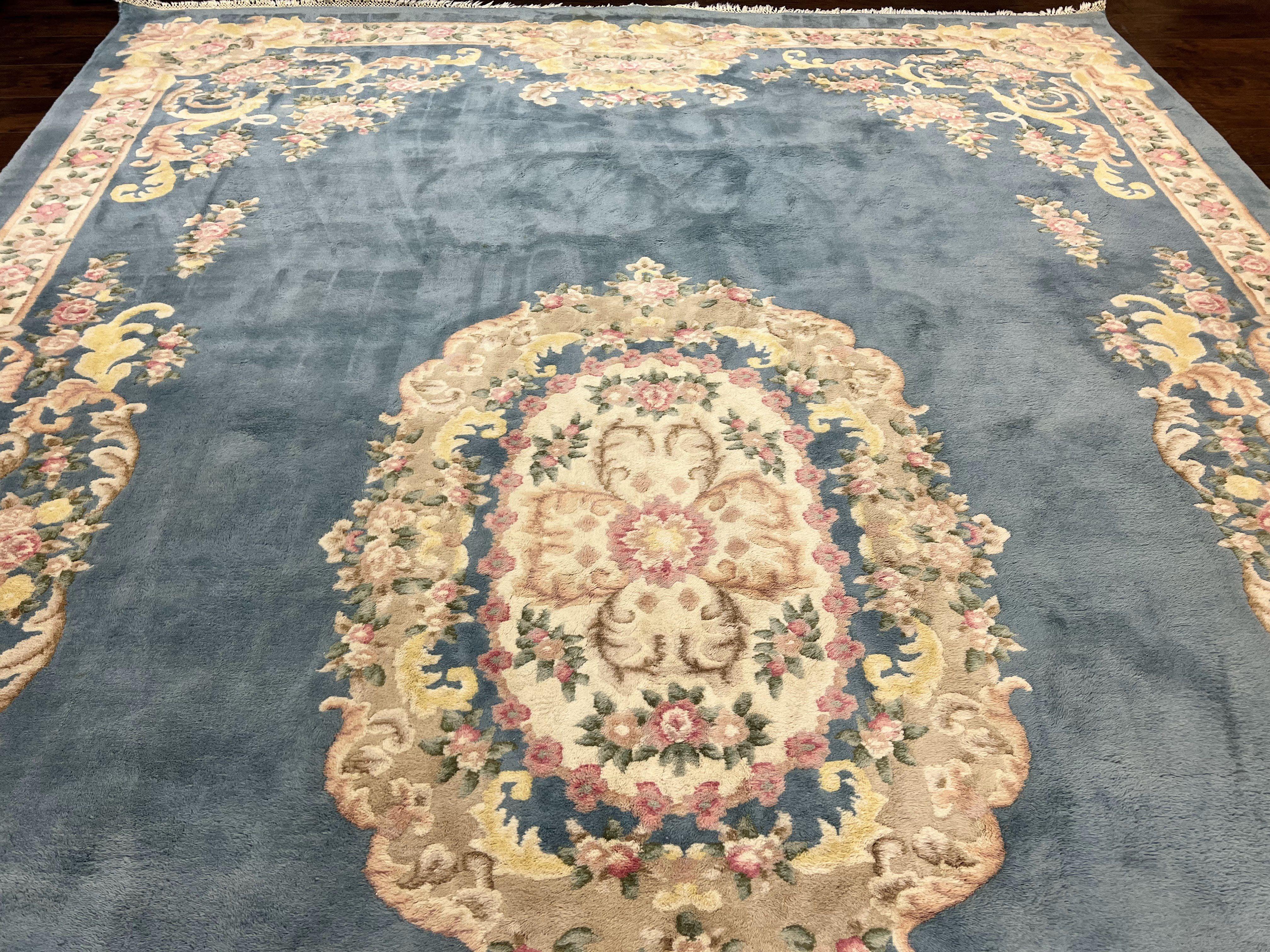 Indo Chinese Rug 9x14, Wool Hand Knotted Vintage Carpet, Light Blue Cream Beige, Aubusson European Design Rug 9 x 14 - Jewel Rugs